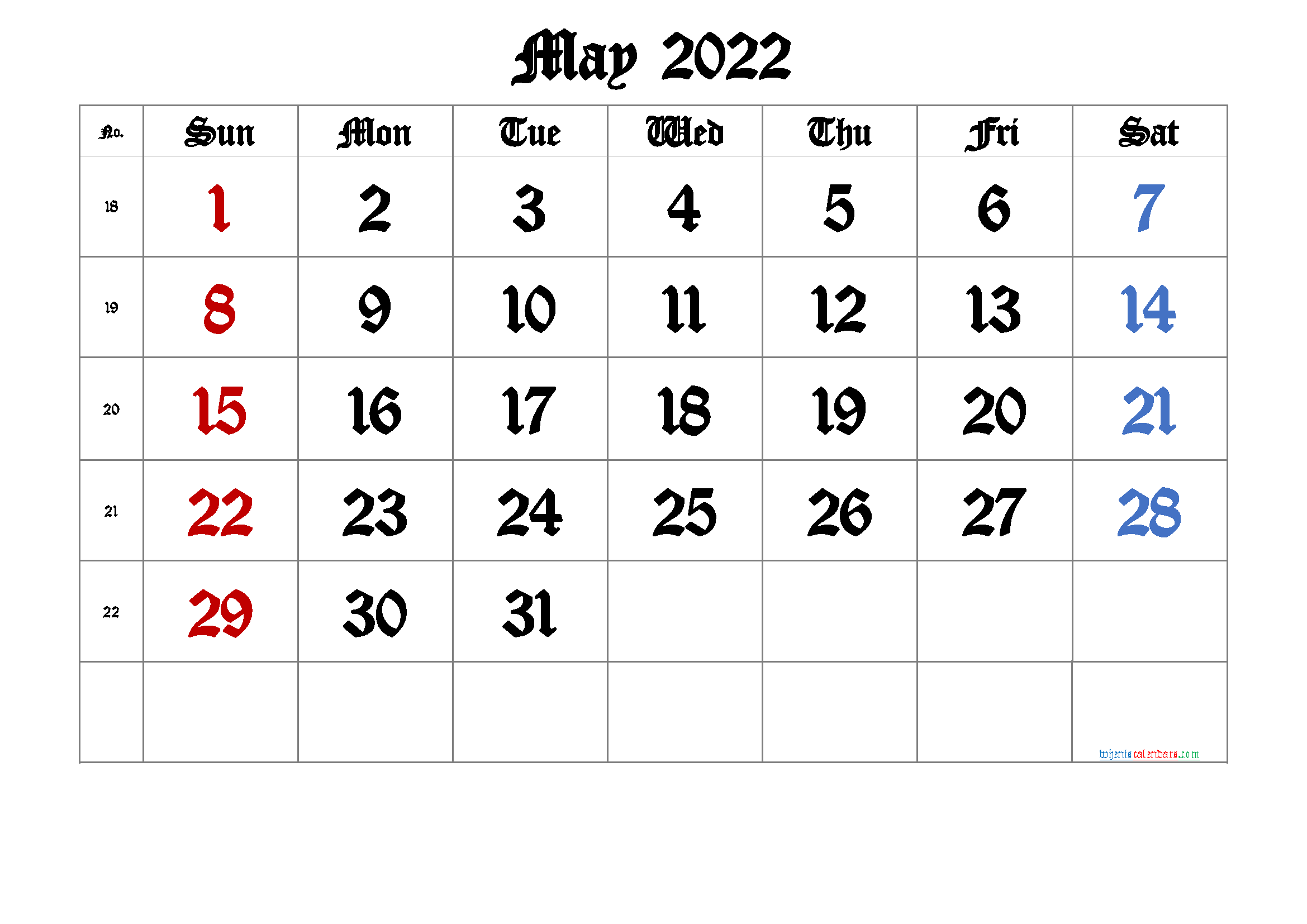 May 2022 Printable Calendar with Week Numbers