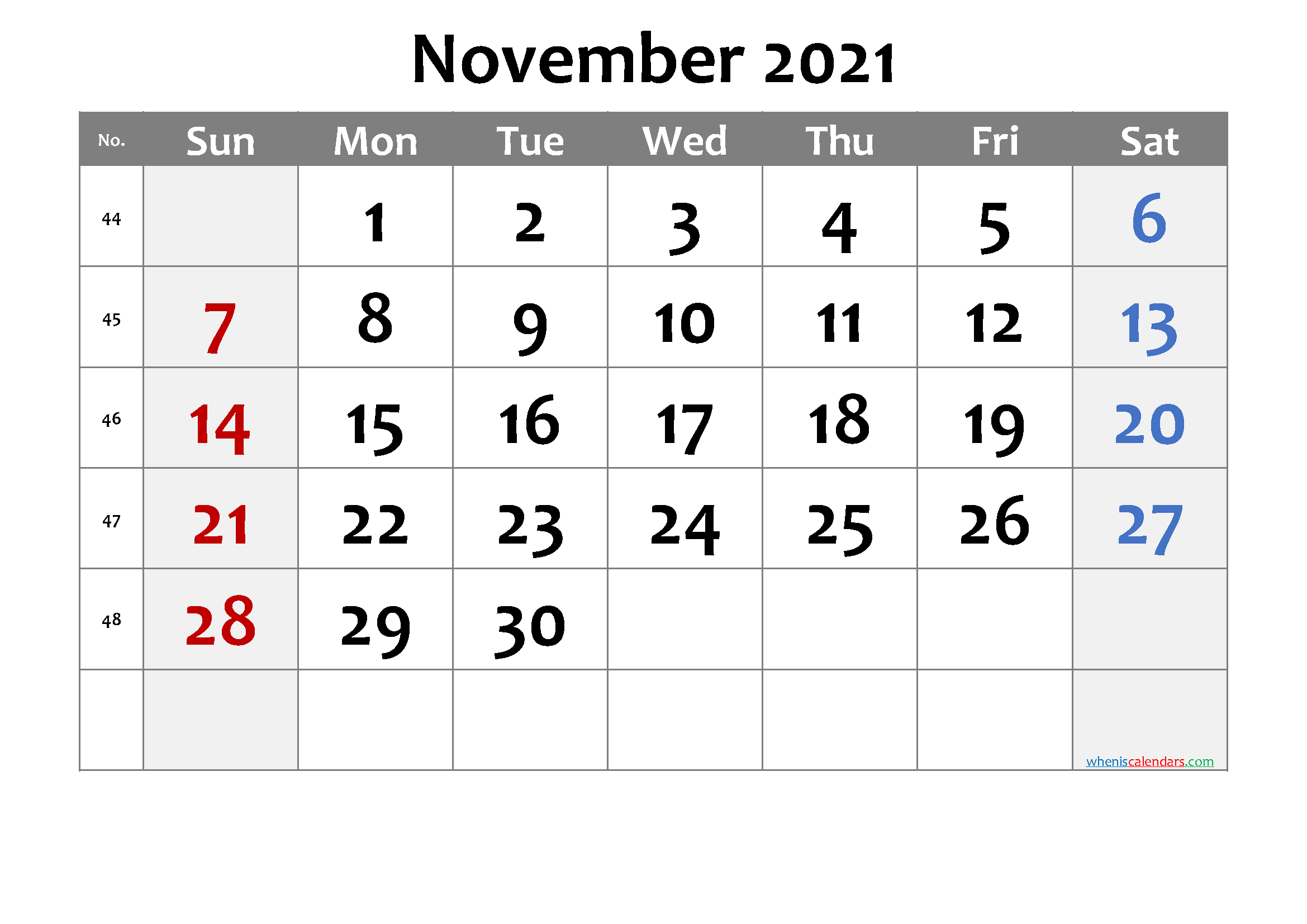 Printable November 2021 Calendar