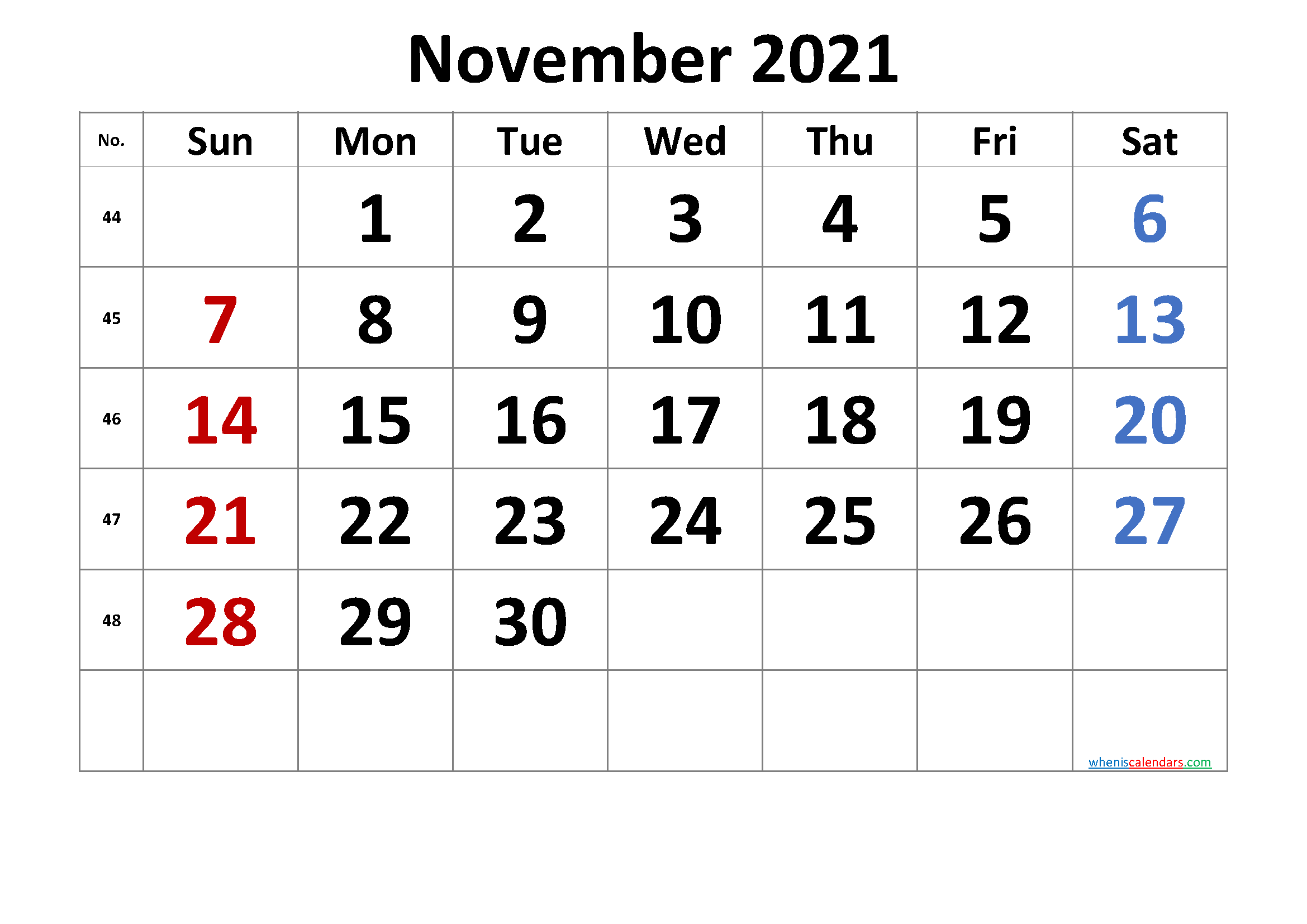 Free November 2021 Calendar with Week Numbers