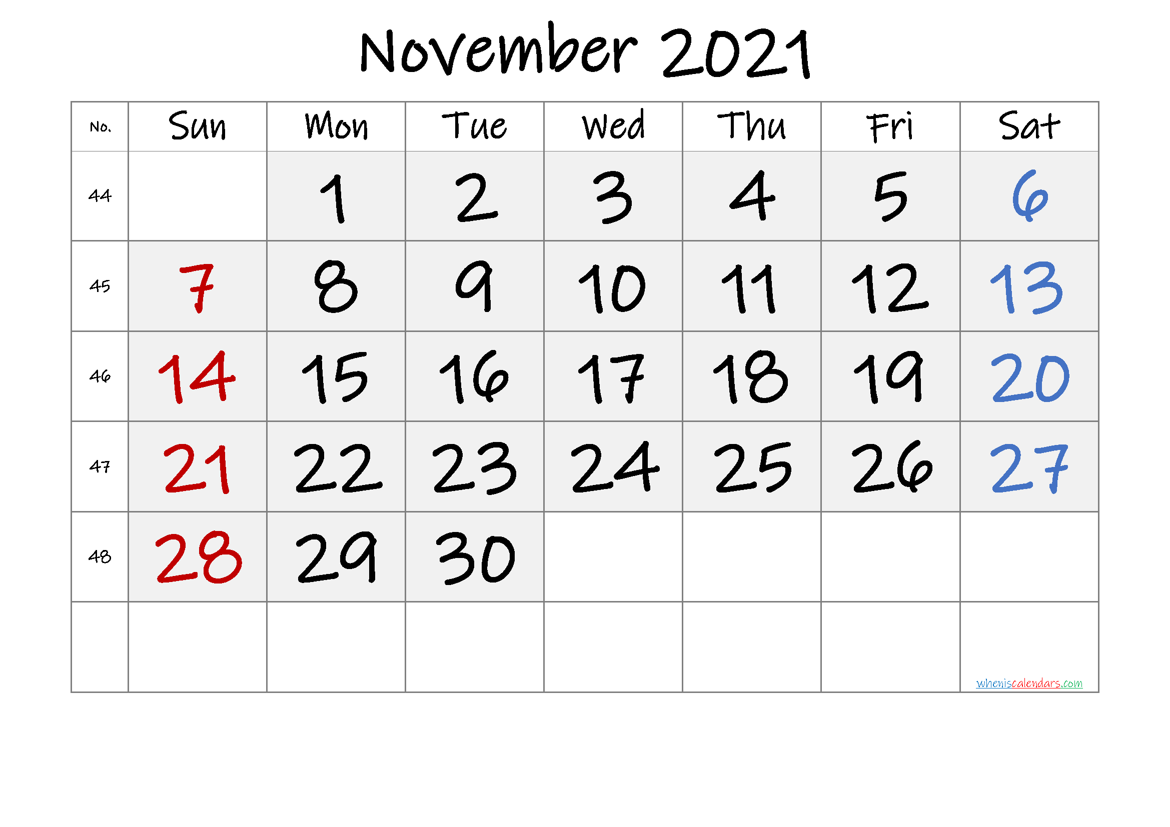 November 2021 Printable Calendar with Week Numbers - 6 ...