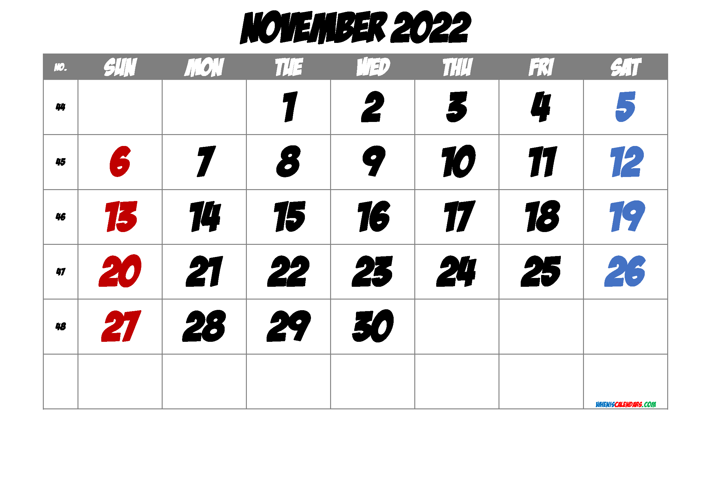 2022 November Free Printable Calendar