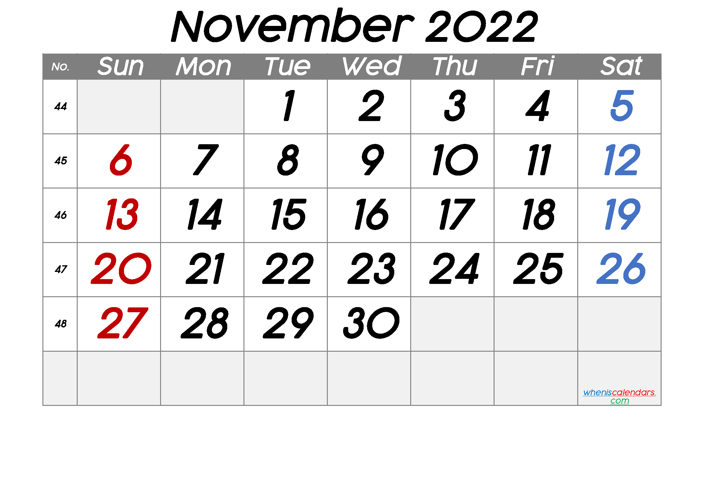Free Printable November 2022 Calendar