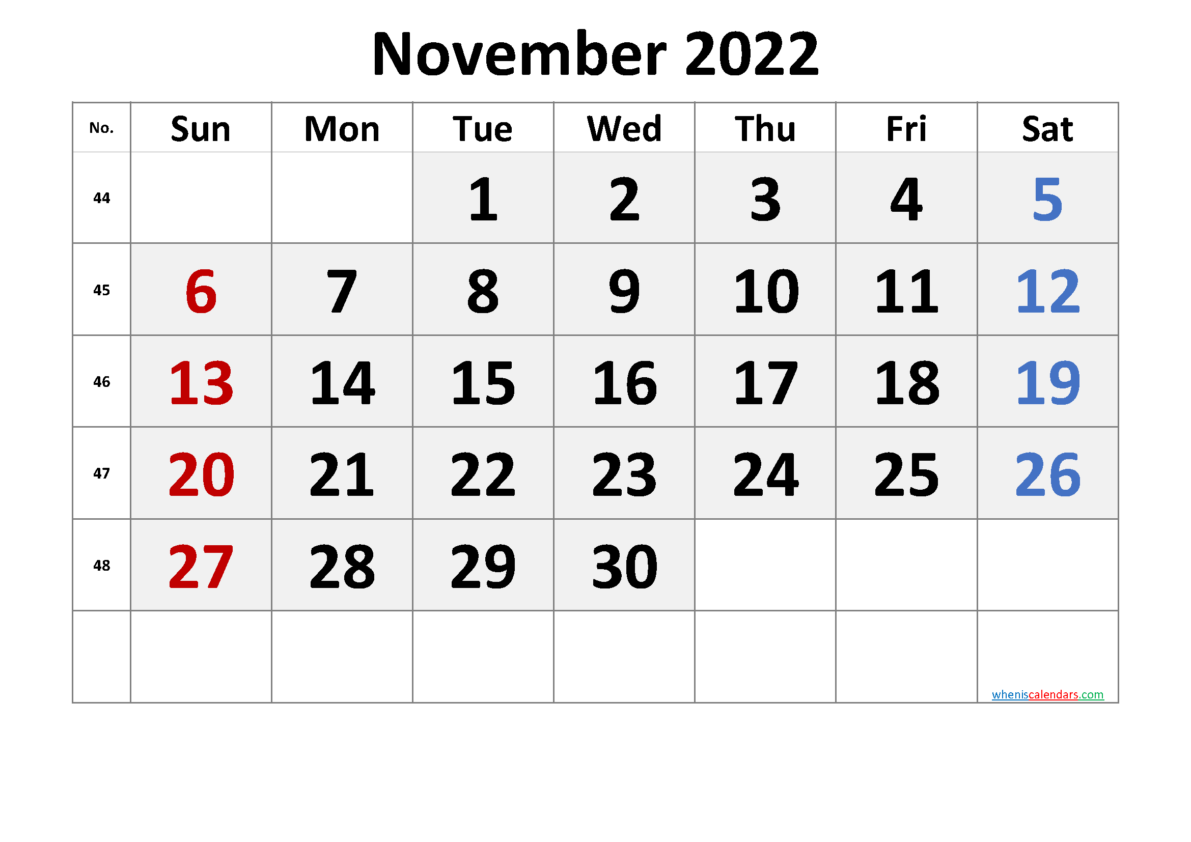 Free Printable November 2022 Calendar with Week Numbers