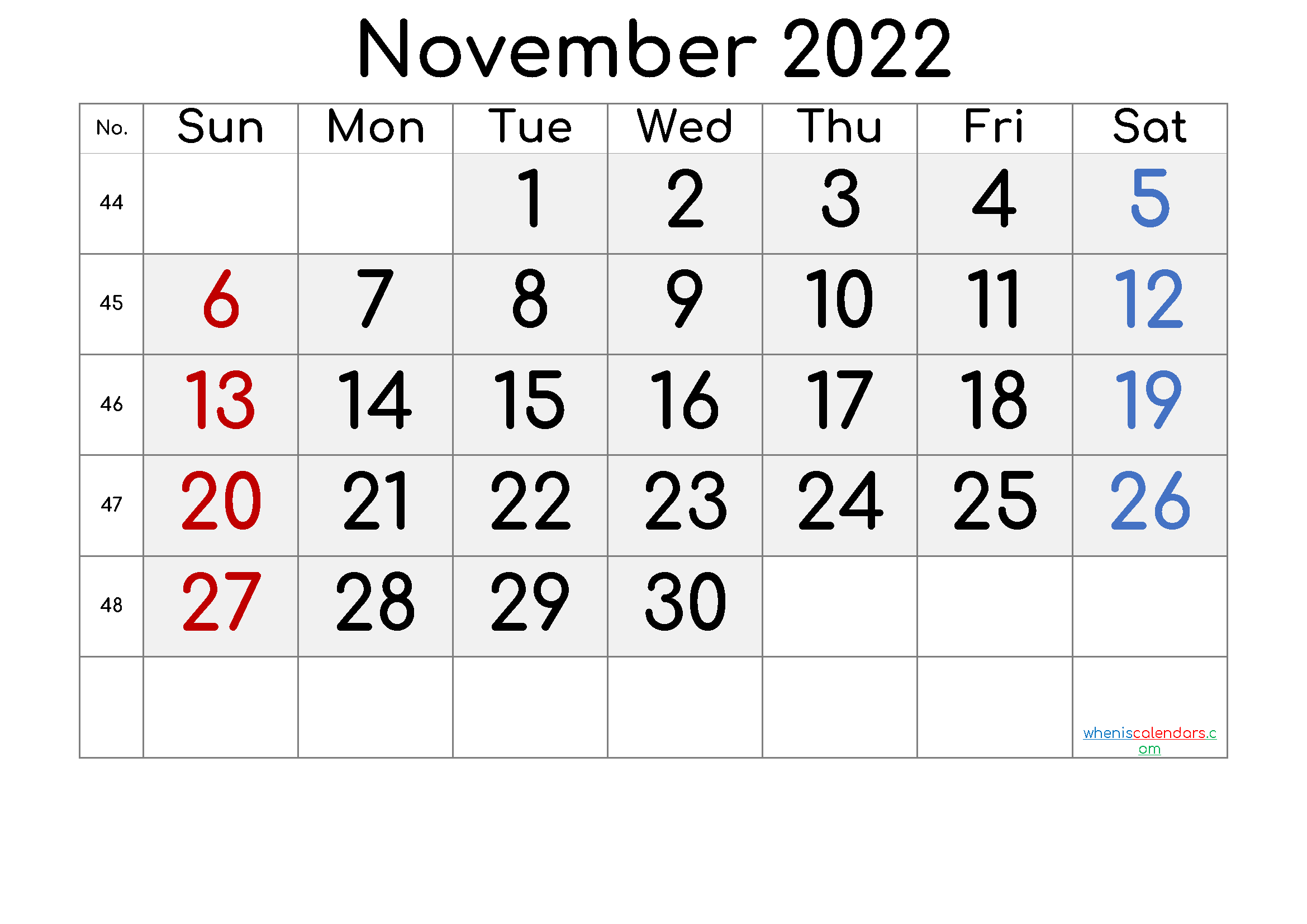 Printable November 2022 Calendar with Week Numbers