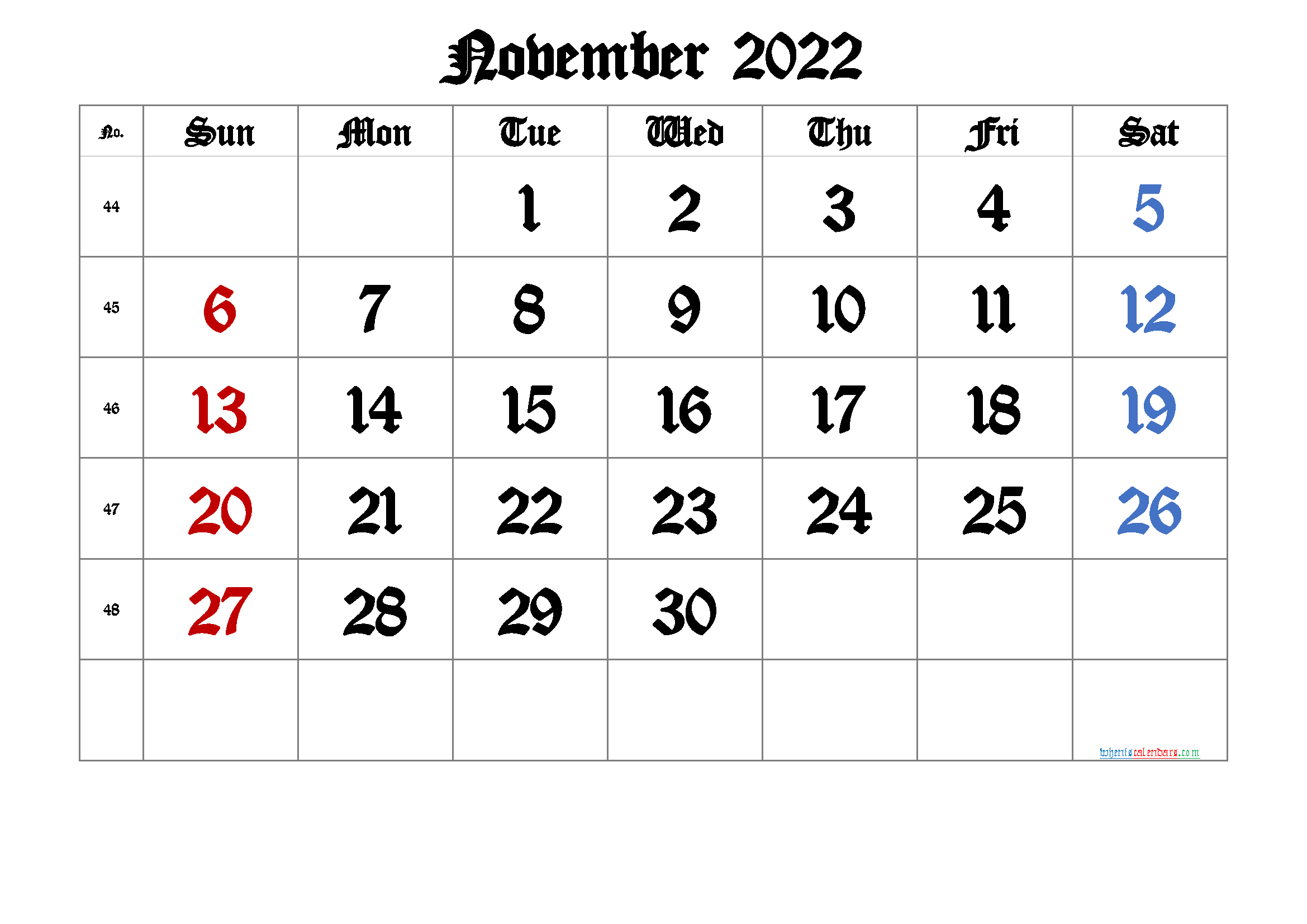 November 2022 Printable Calendar with Week Numbers