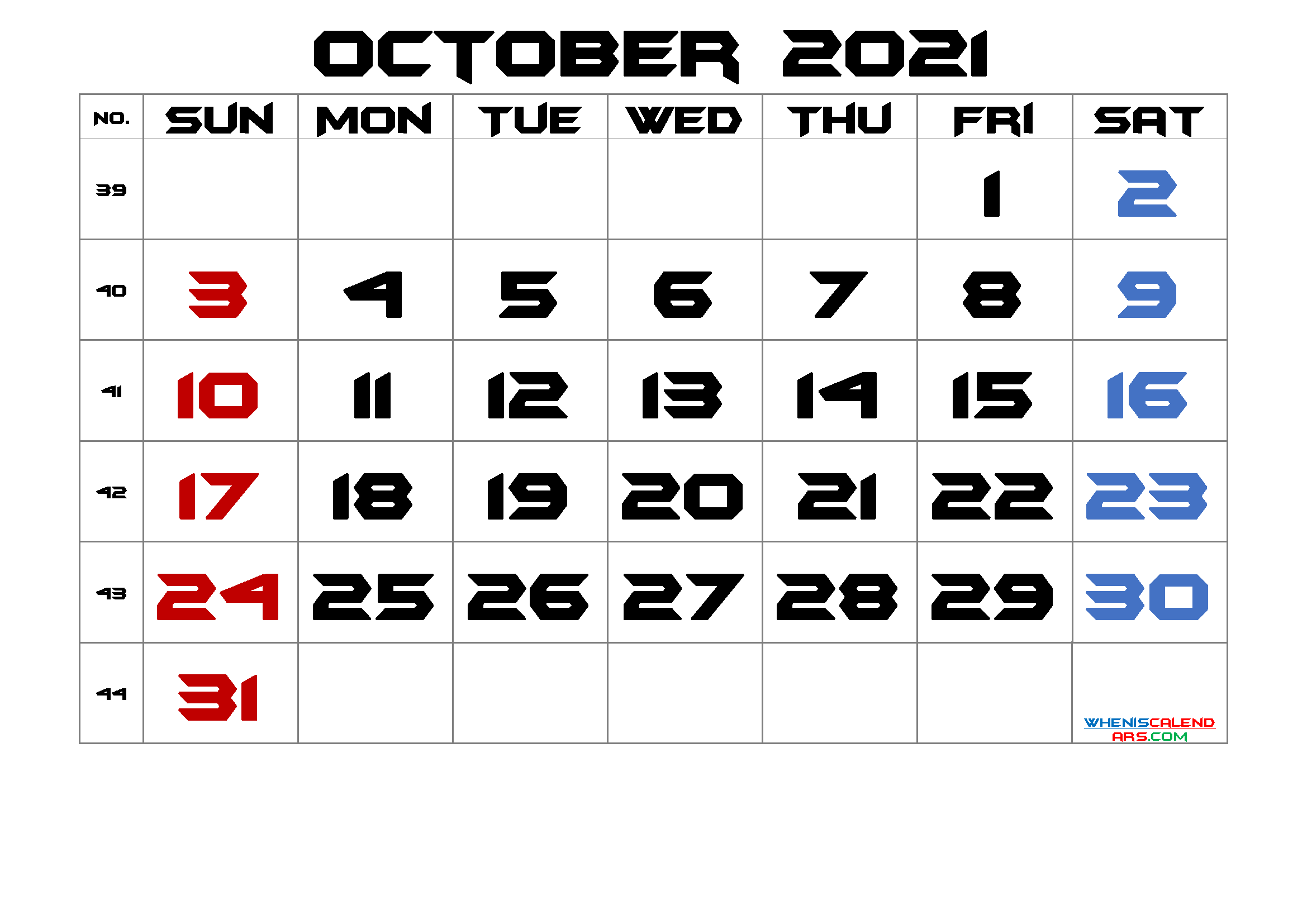 Free Printable 2021 October  Calendar