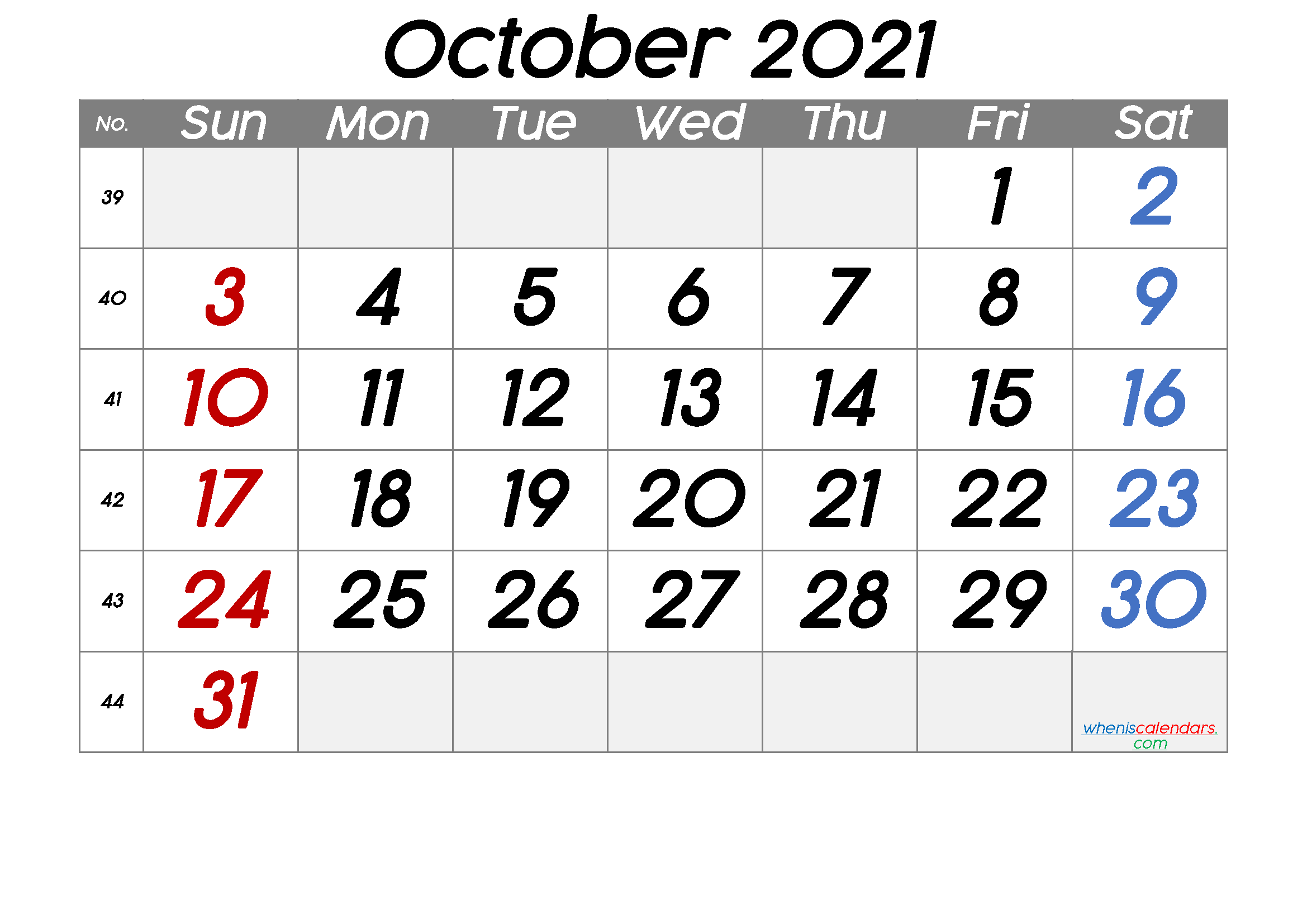 Printable October 2021 Calendar