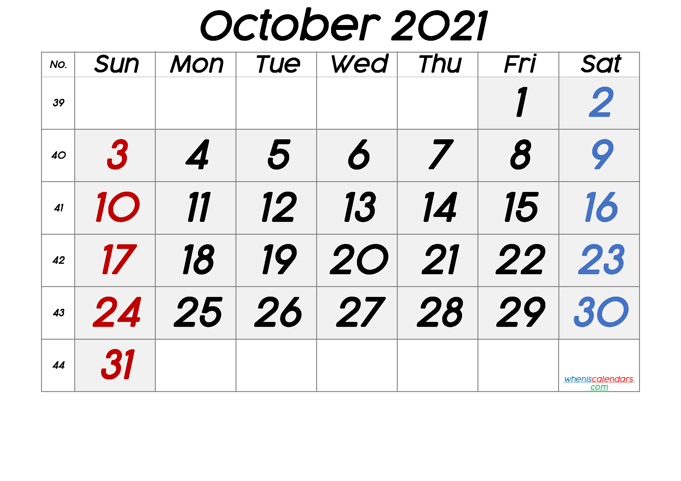 October 2021 Printable Calendar with Week Numbers [Free ...