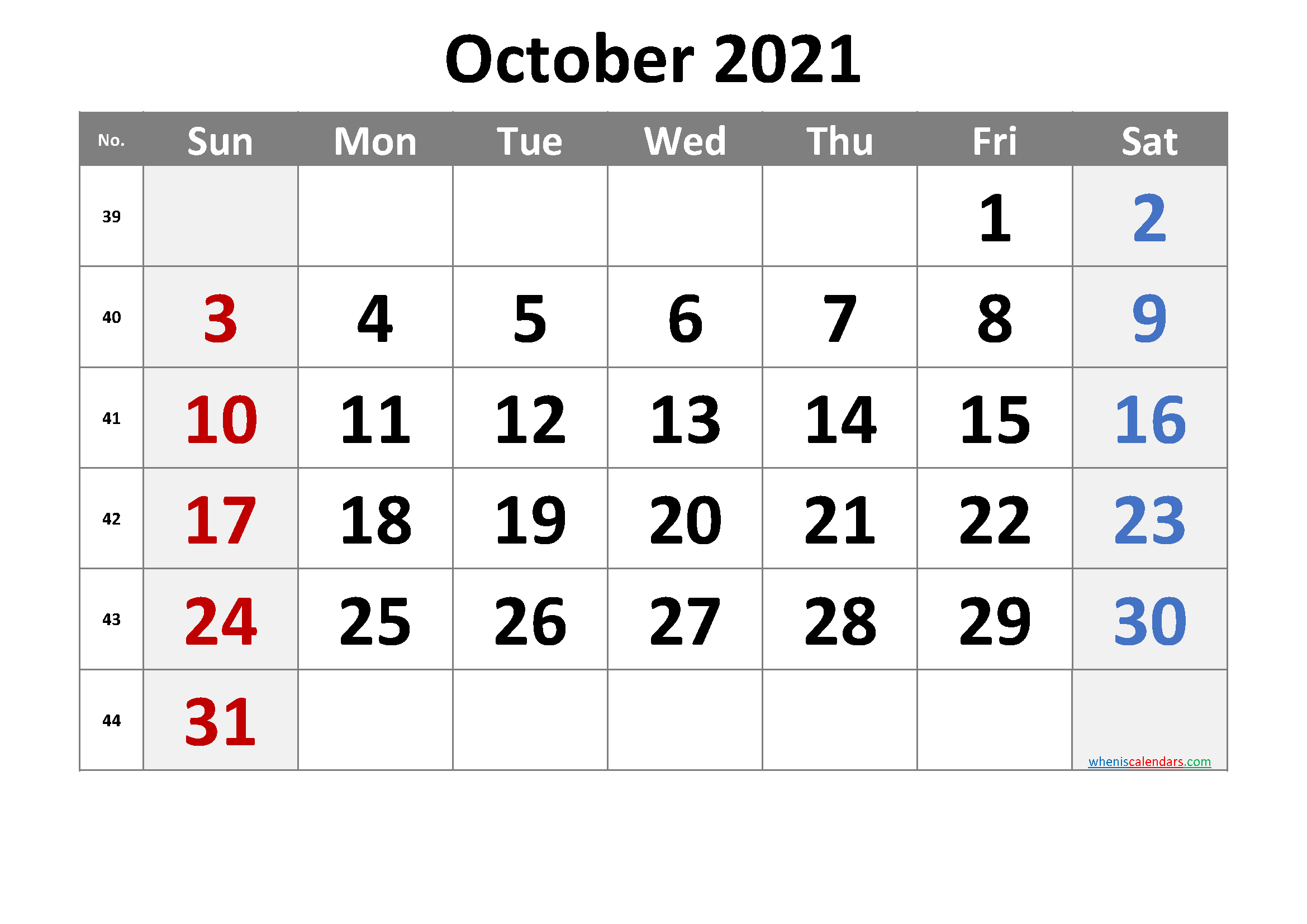 Free Printable 2021 October  Calendar