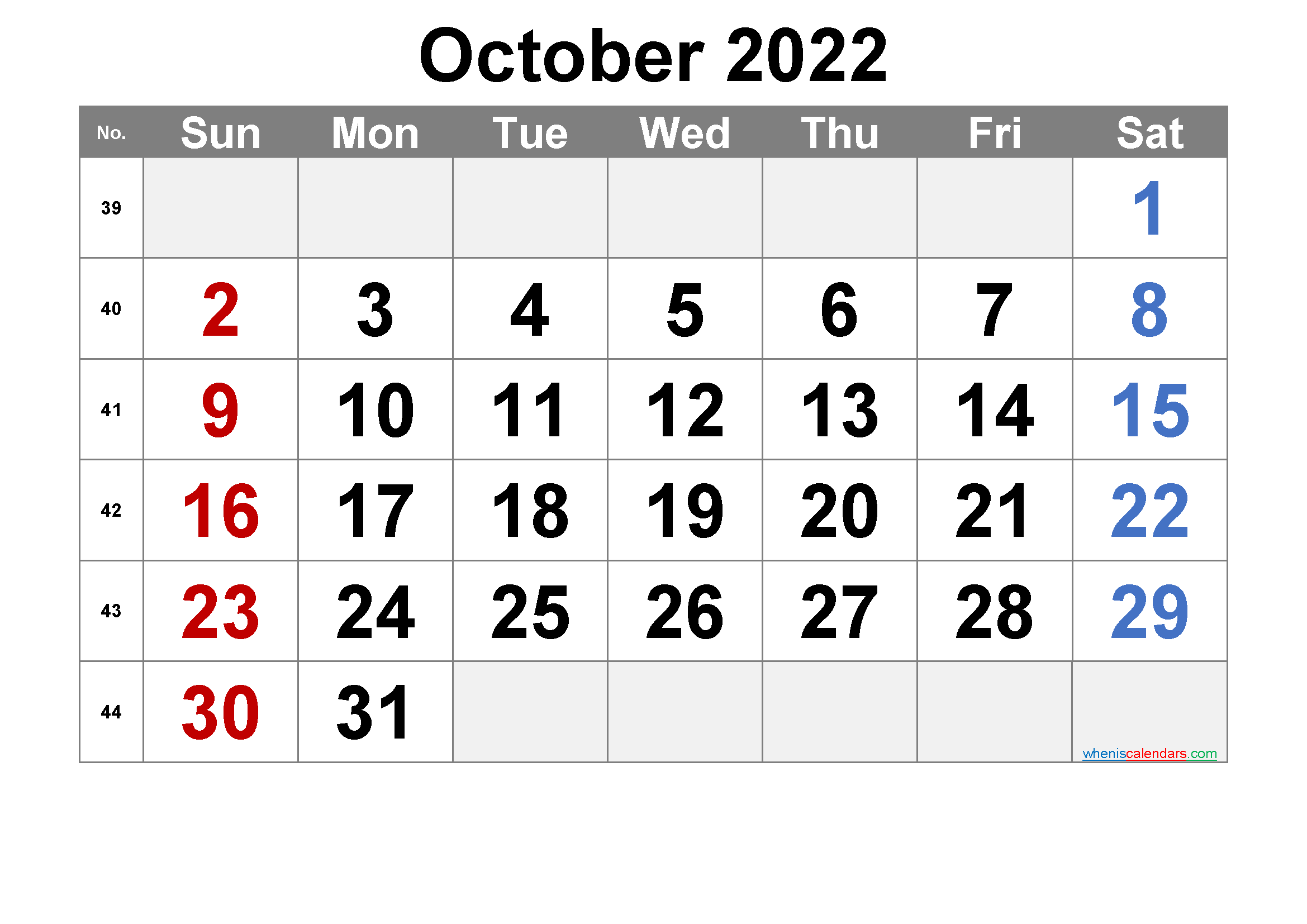 Free Printable October 2022 Calendar with Week Numbers