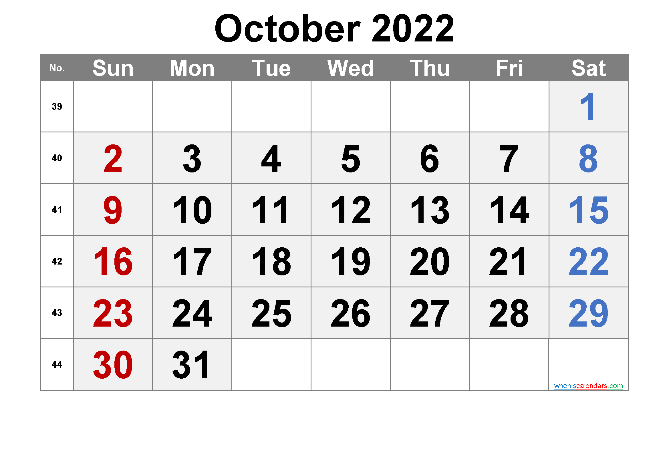 Printable Calendar 2022 October
