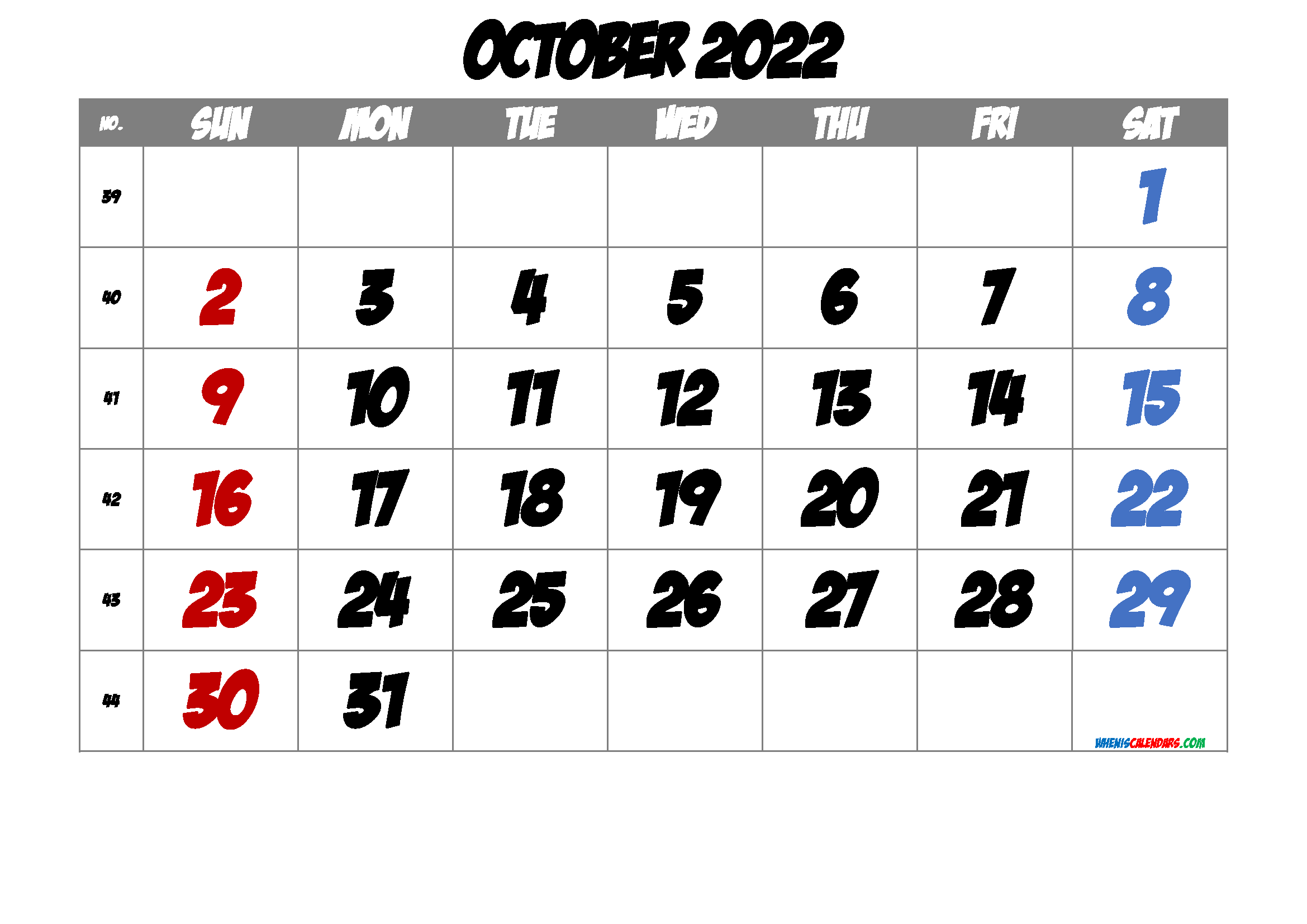 2022 October Free Printable Calendar