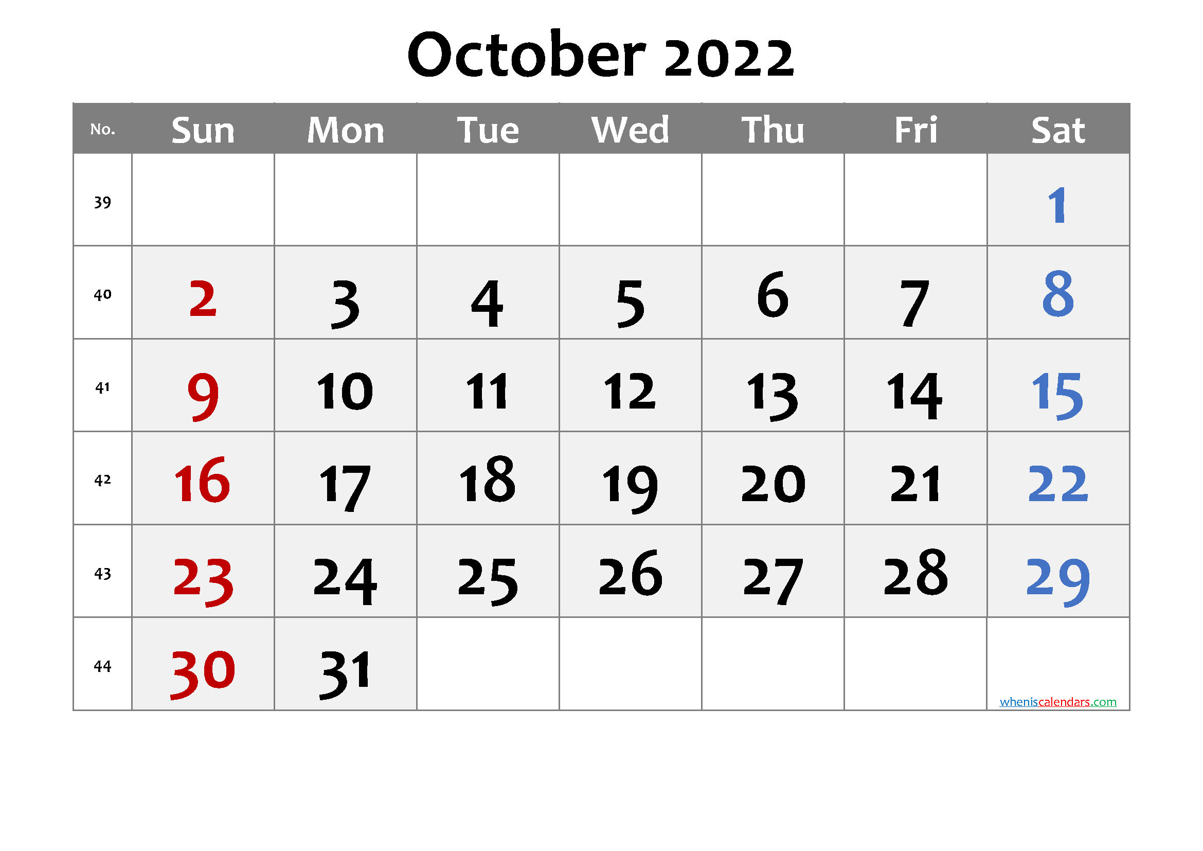 October 2022 Printable Calendar with Week Numbers