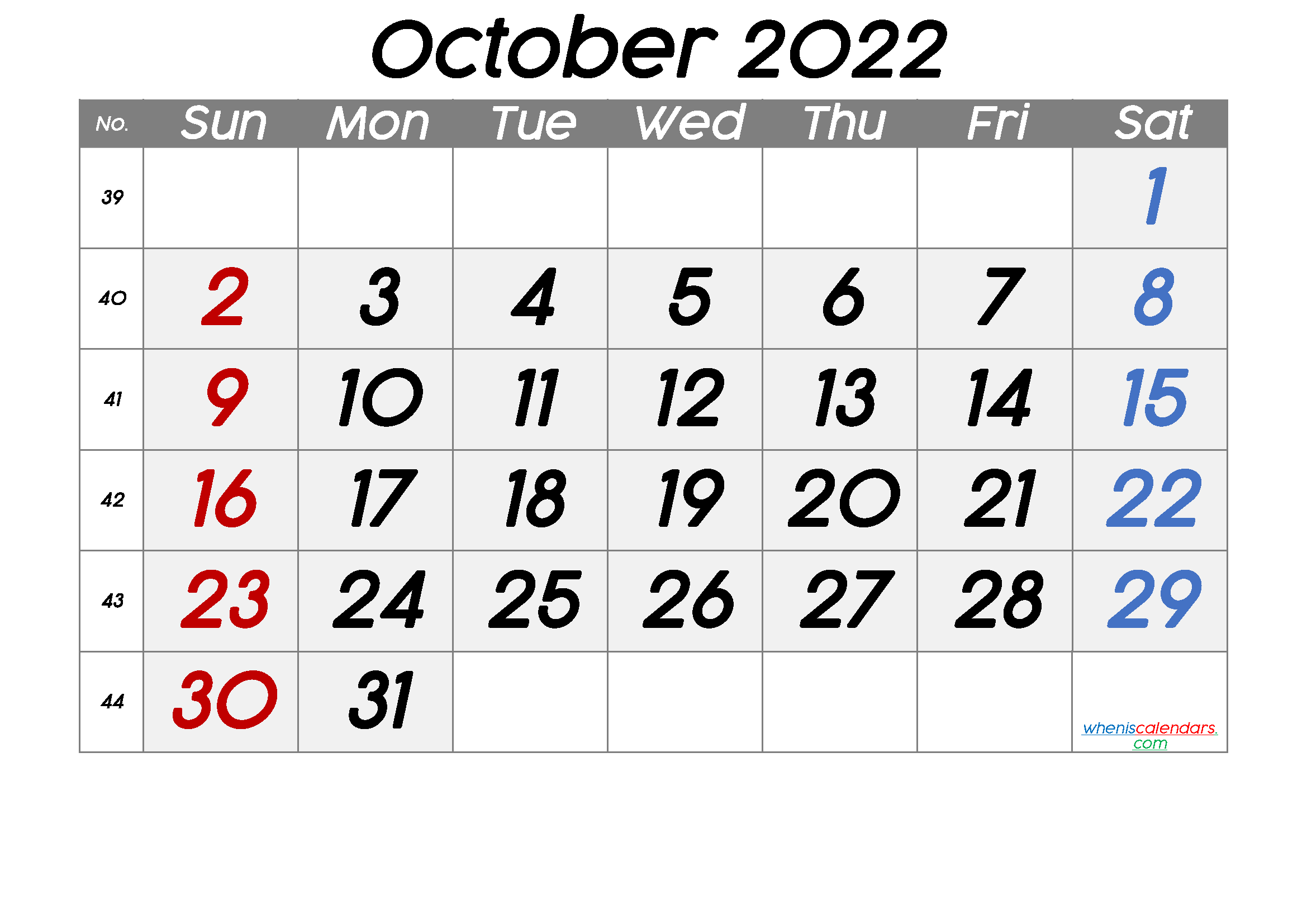Free Printable Calendar 2022 October