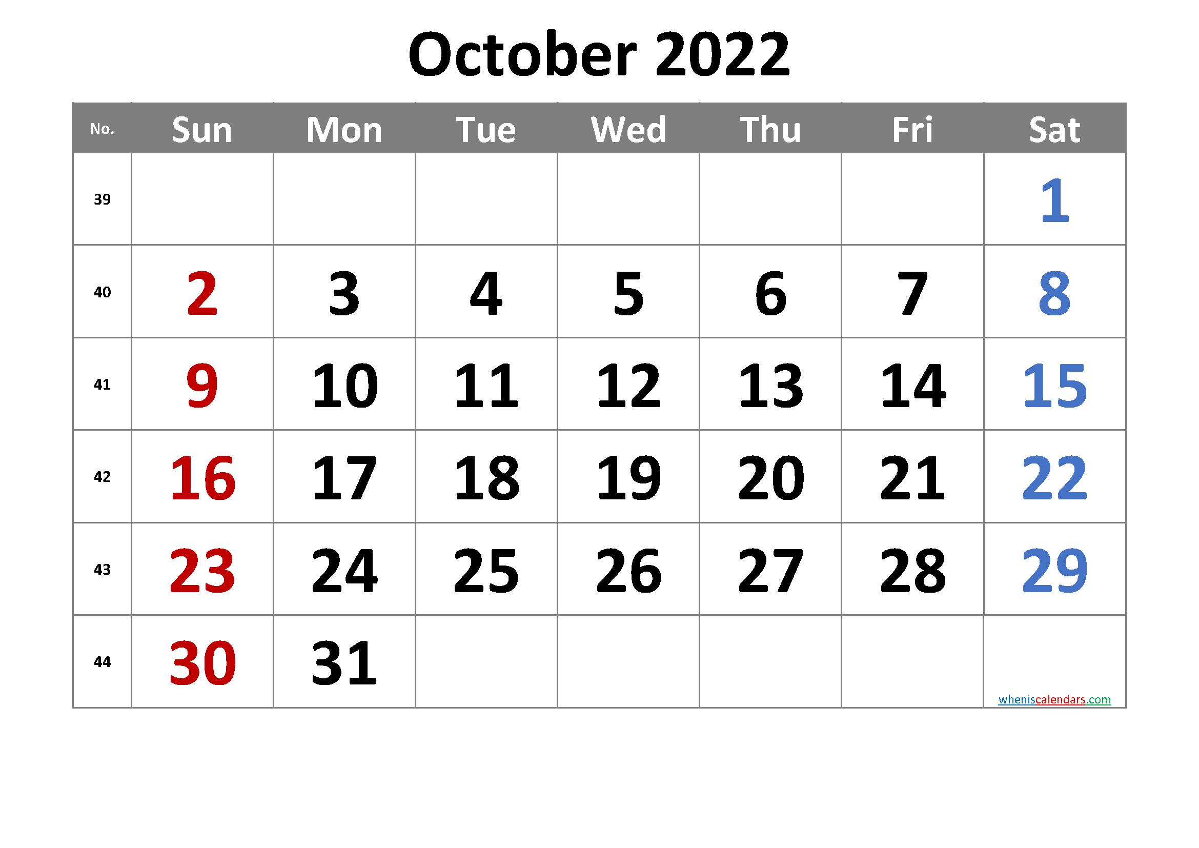 Printable October 2022 Calendar