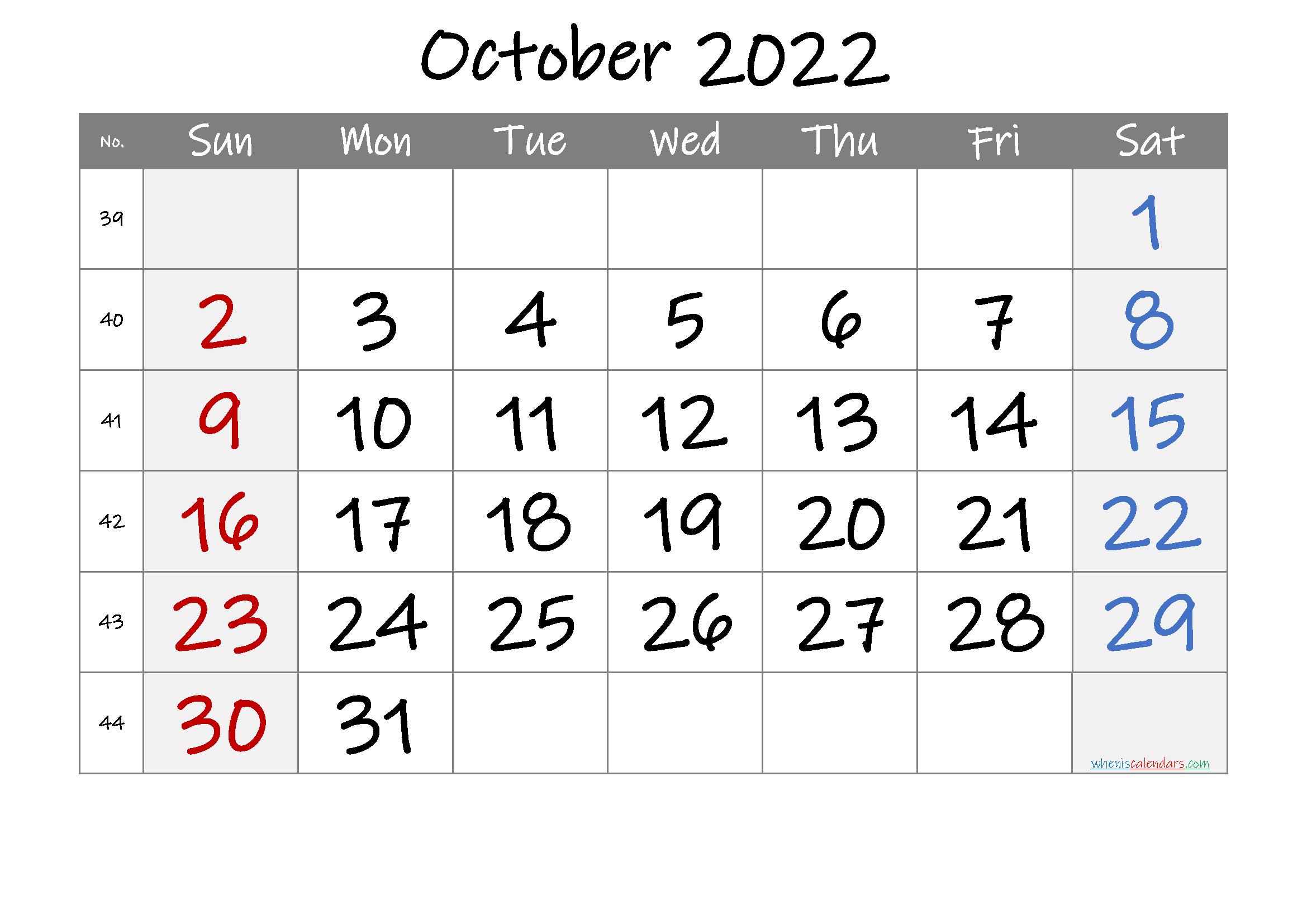 Free Printable 2022 October  Calendar