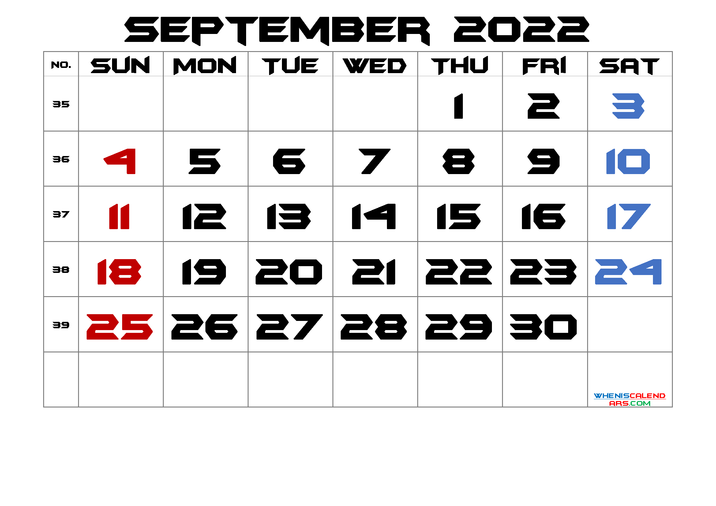 September 2022 Printable Calendar with Week Numbers
