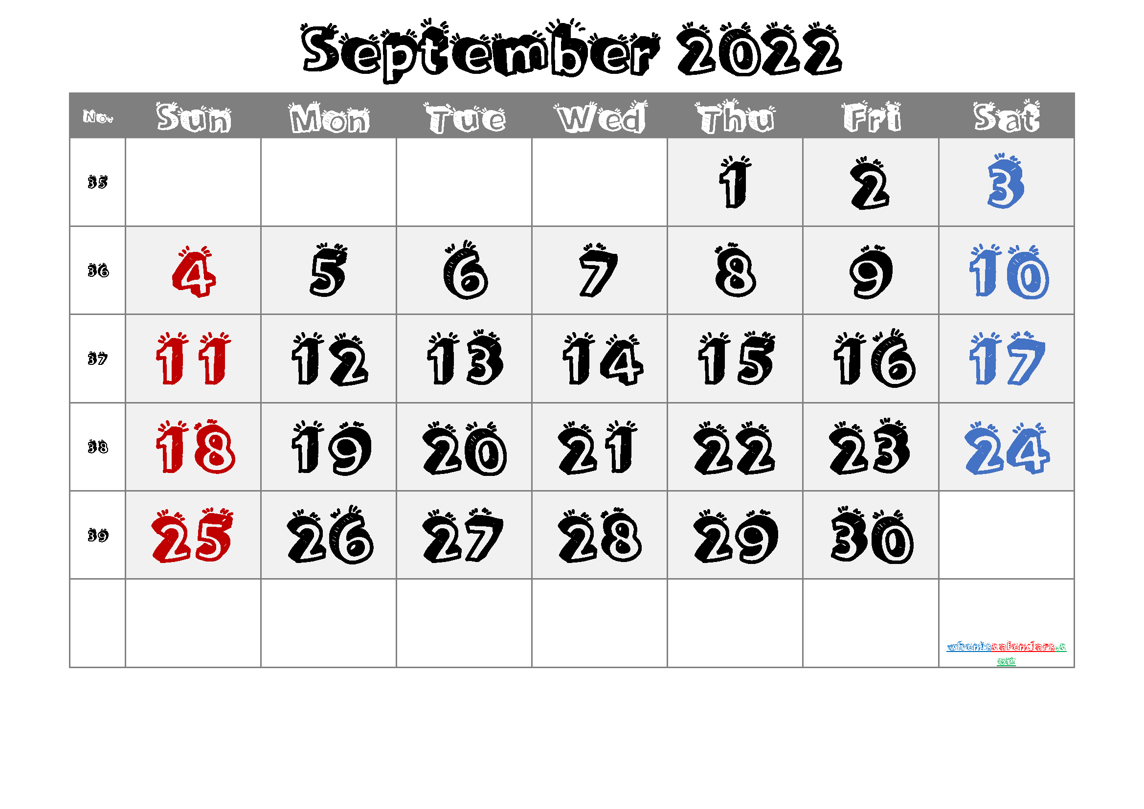 September 2022 Printable Calendar with Week Numbers