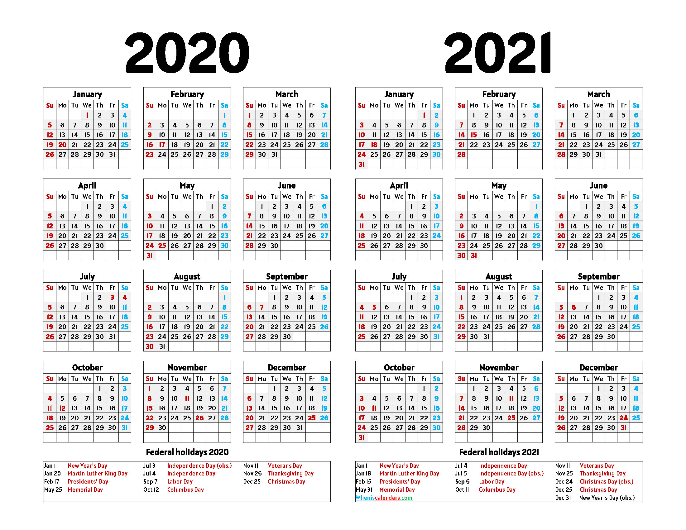 2020 2021 Calendar Printable