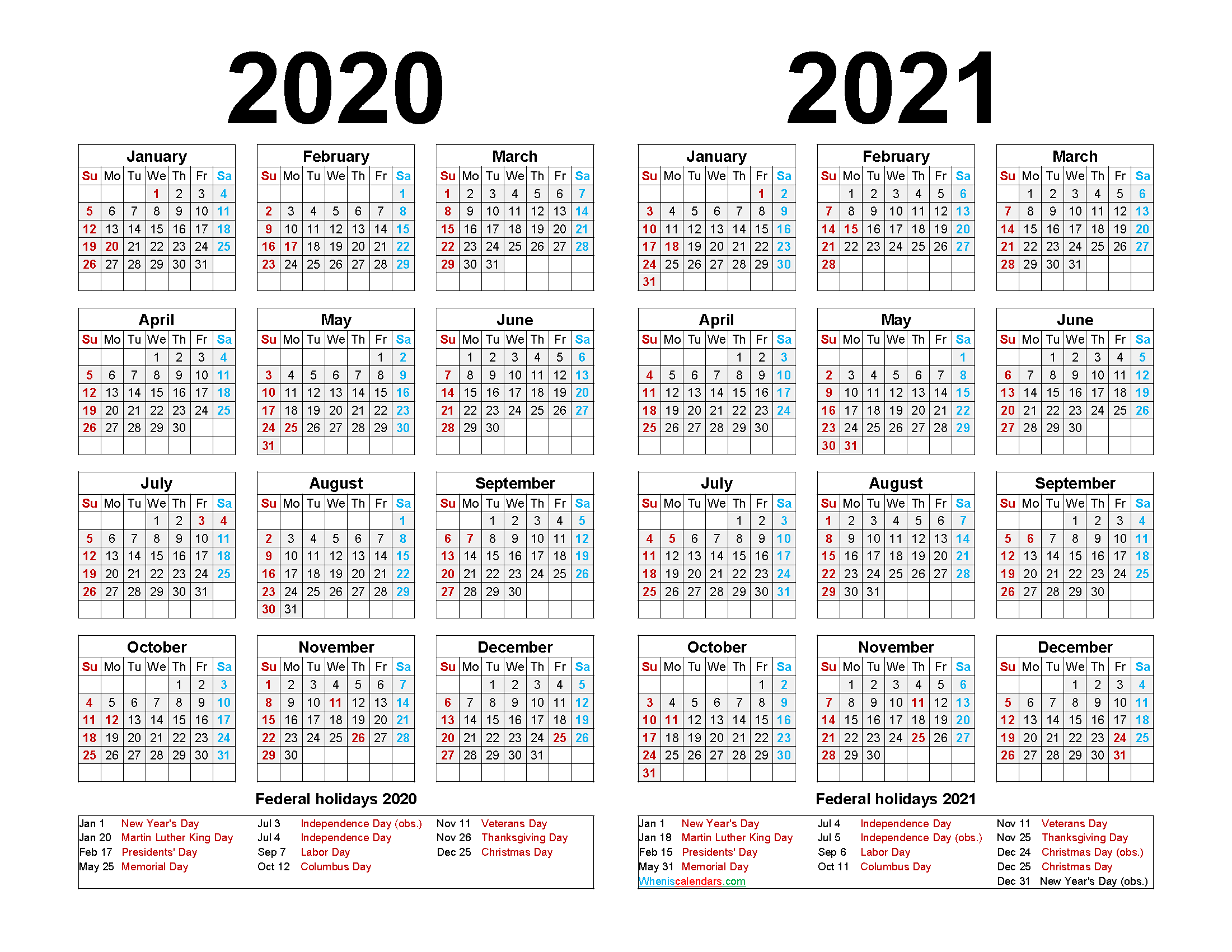 Printable Calendar 2020 and 2021