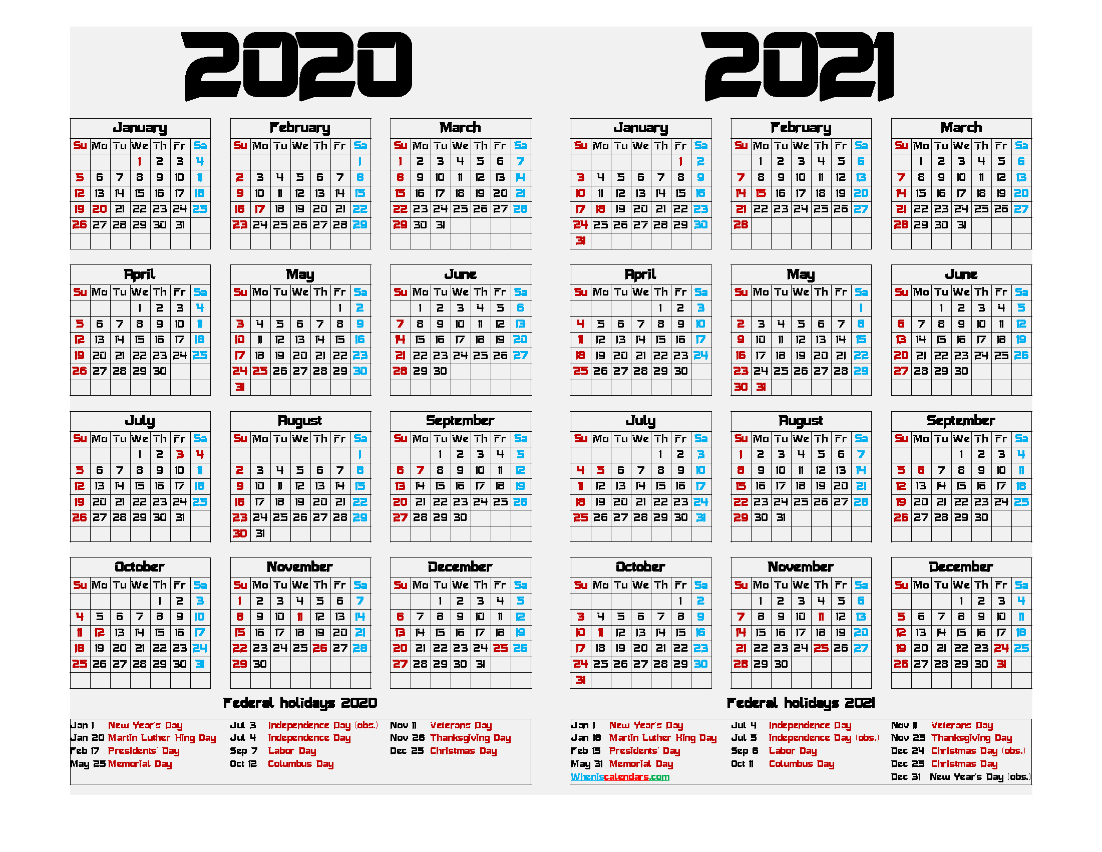 Free Printable Calendar 2020 and 2021