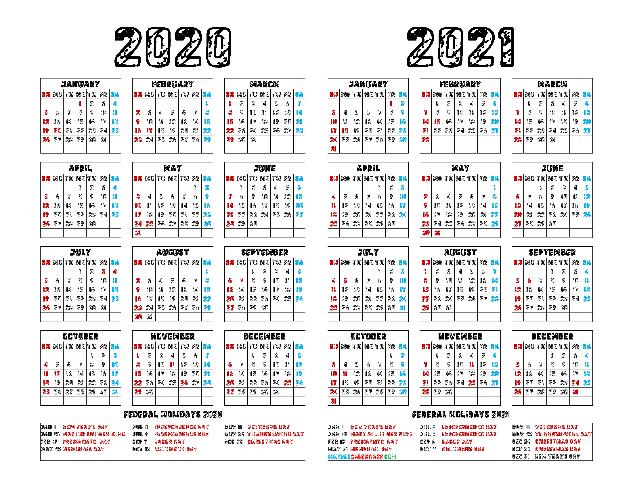 2020 and 2021 Calendar Printable PDF