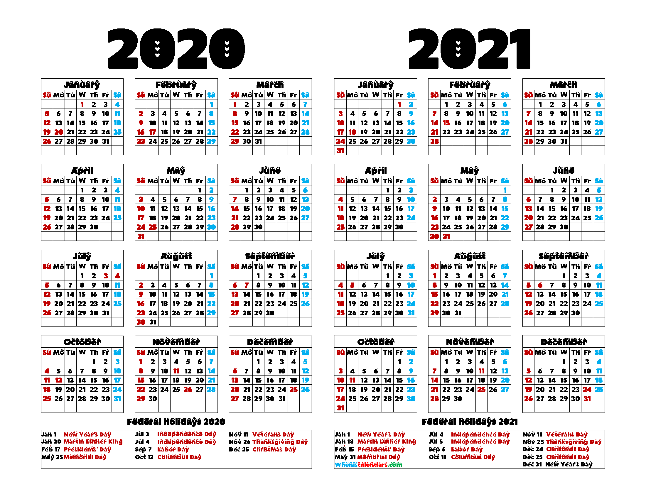 2020 2021 Calendar Printable with Holidays