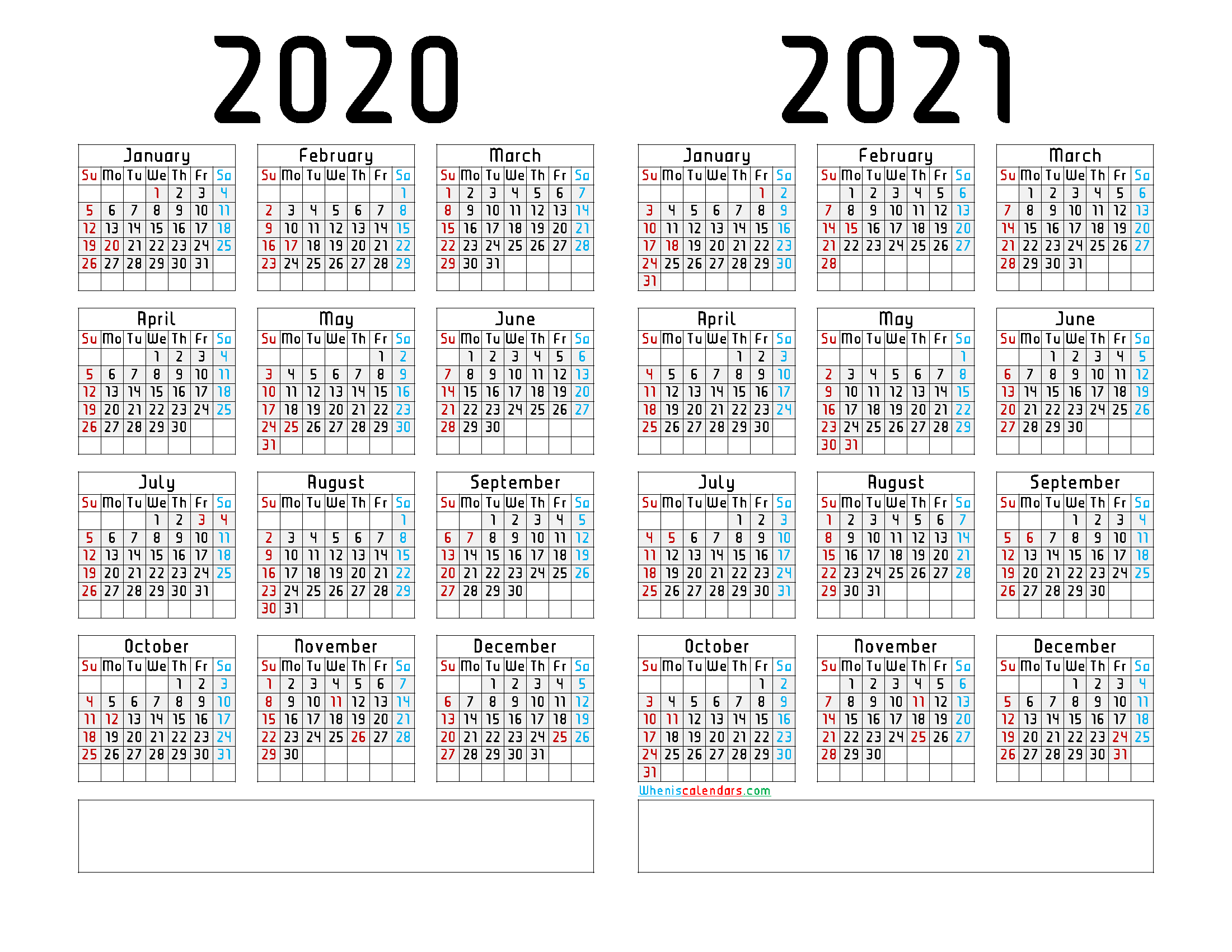 2020 and 2021 Calendar Printable Lanscape