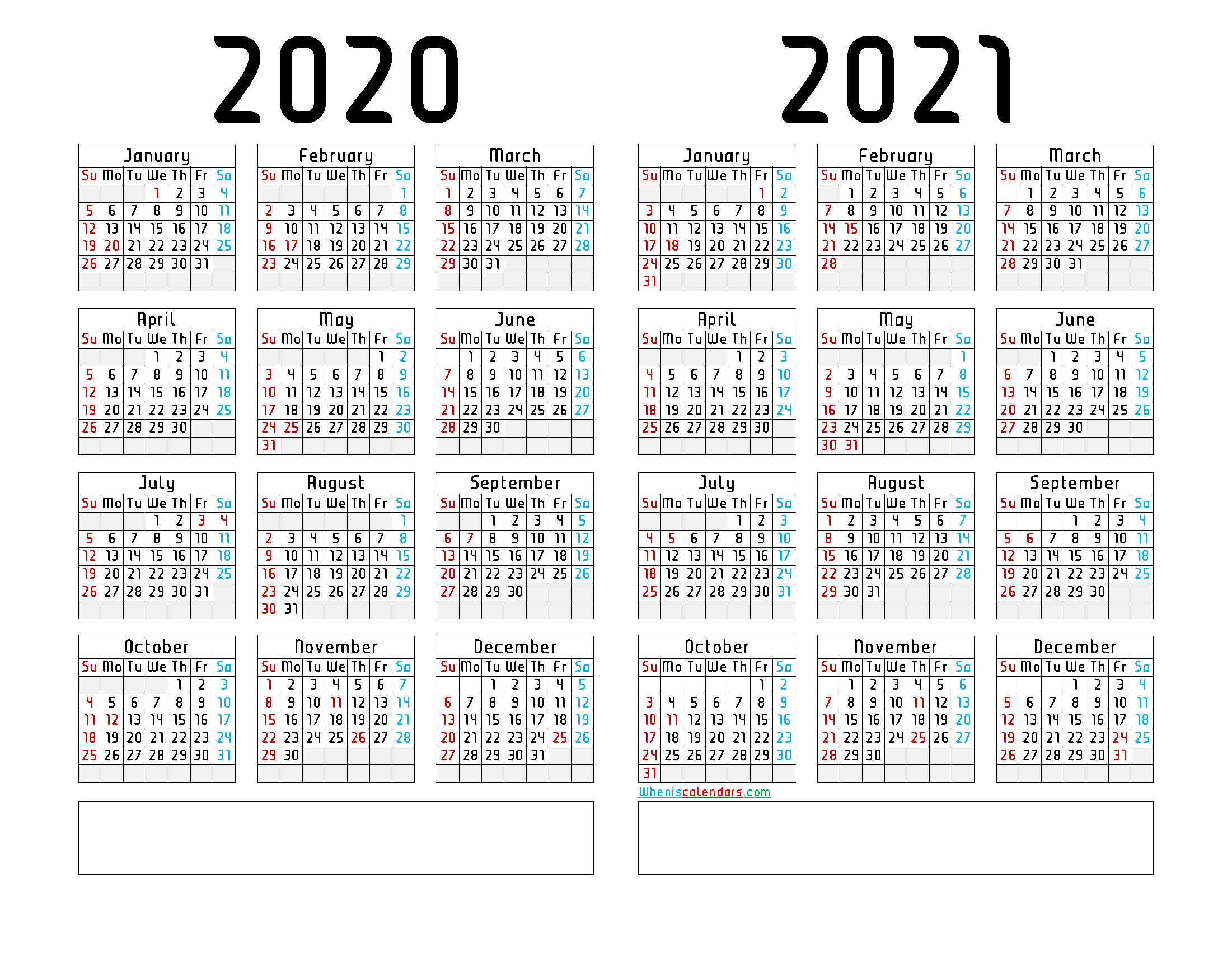 2020 and 2021 Printable Calendar Landscape