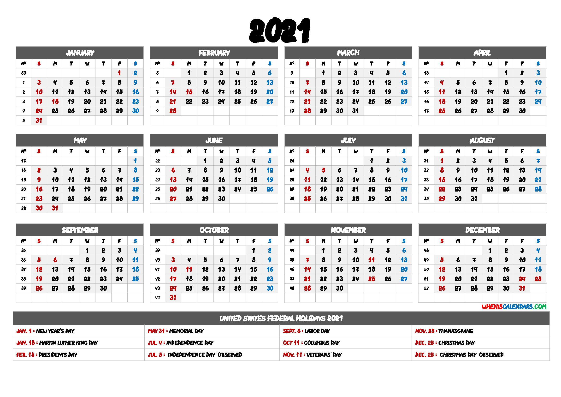 2021 Calendar with Week Numbers - 9 Templates