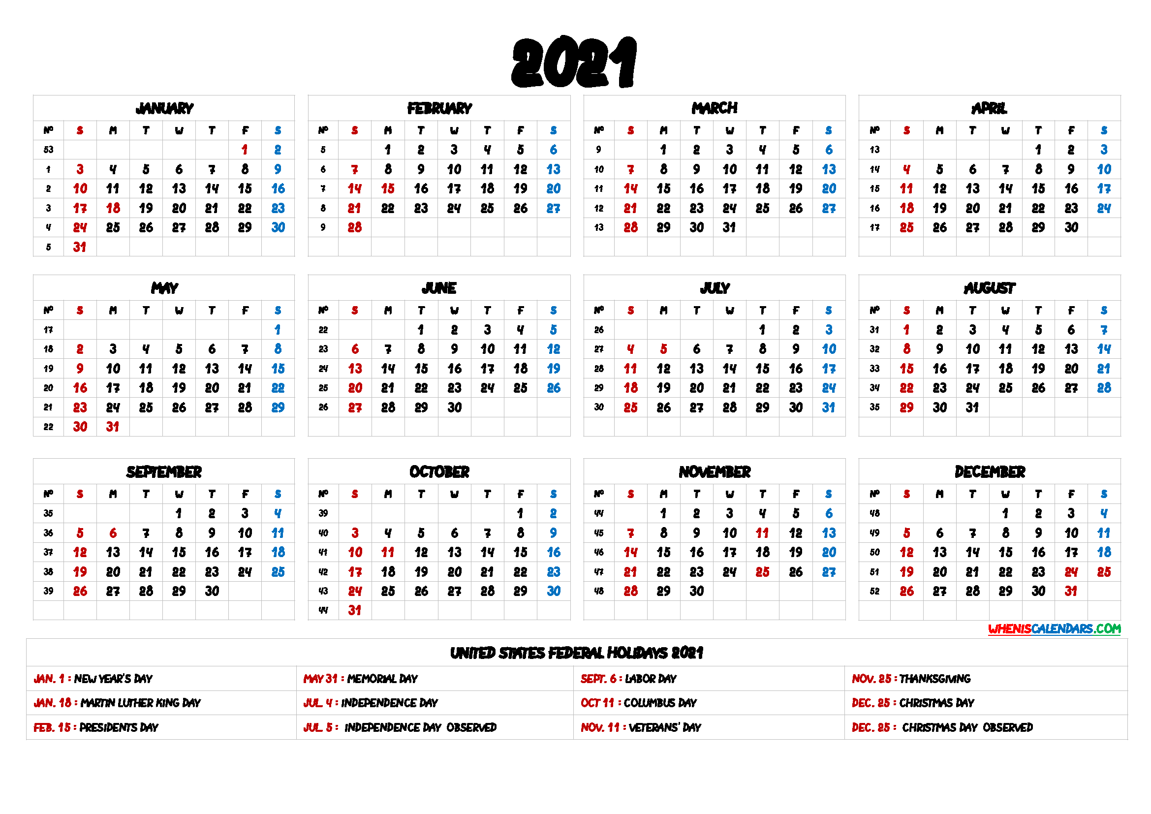 2021 Calendar with Holidays Printable - 9 Templates