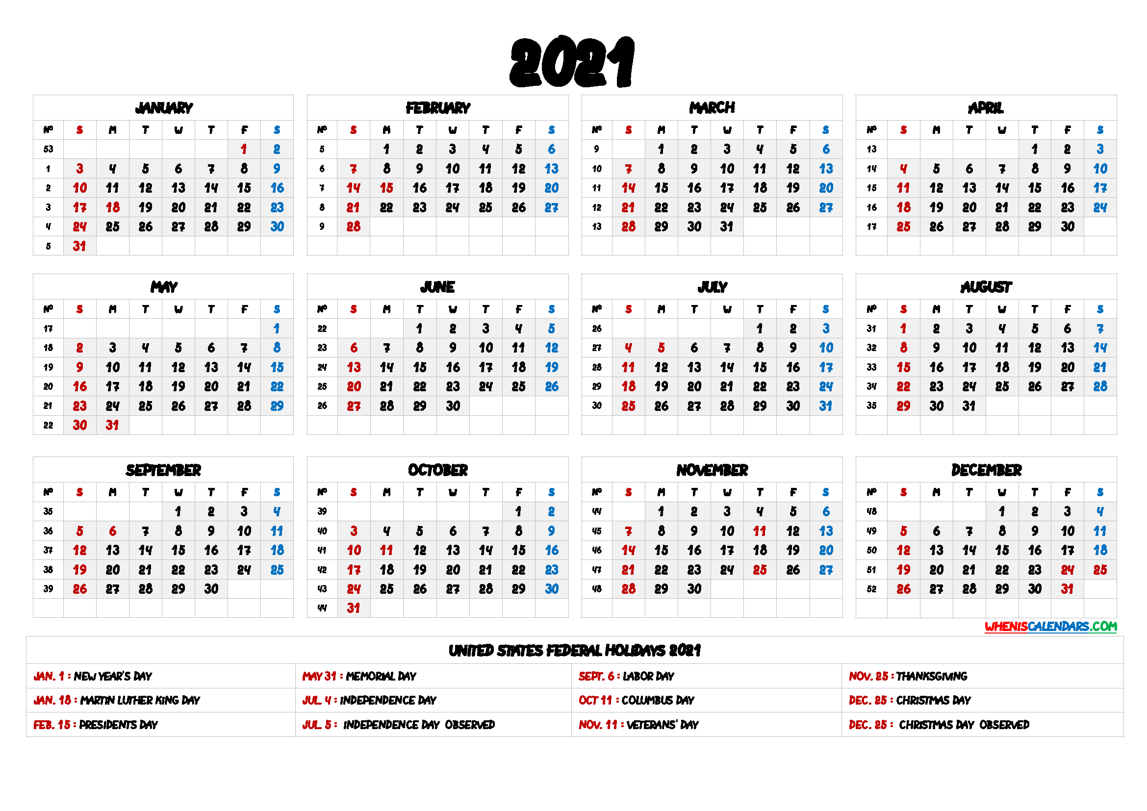 2021 Printable Yearly Calendar with Week Numbers
