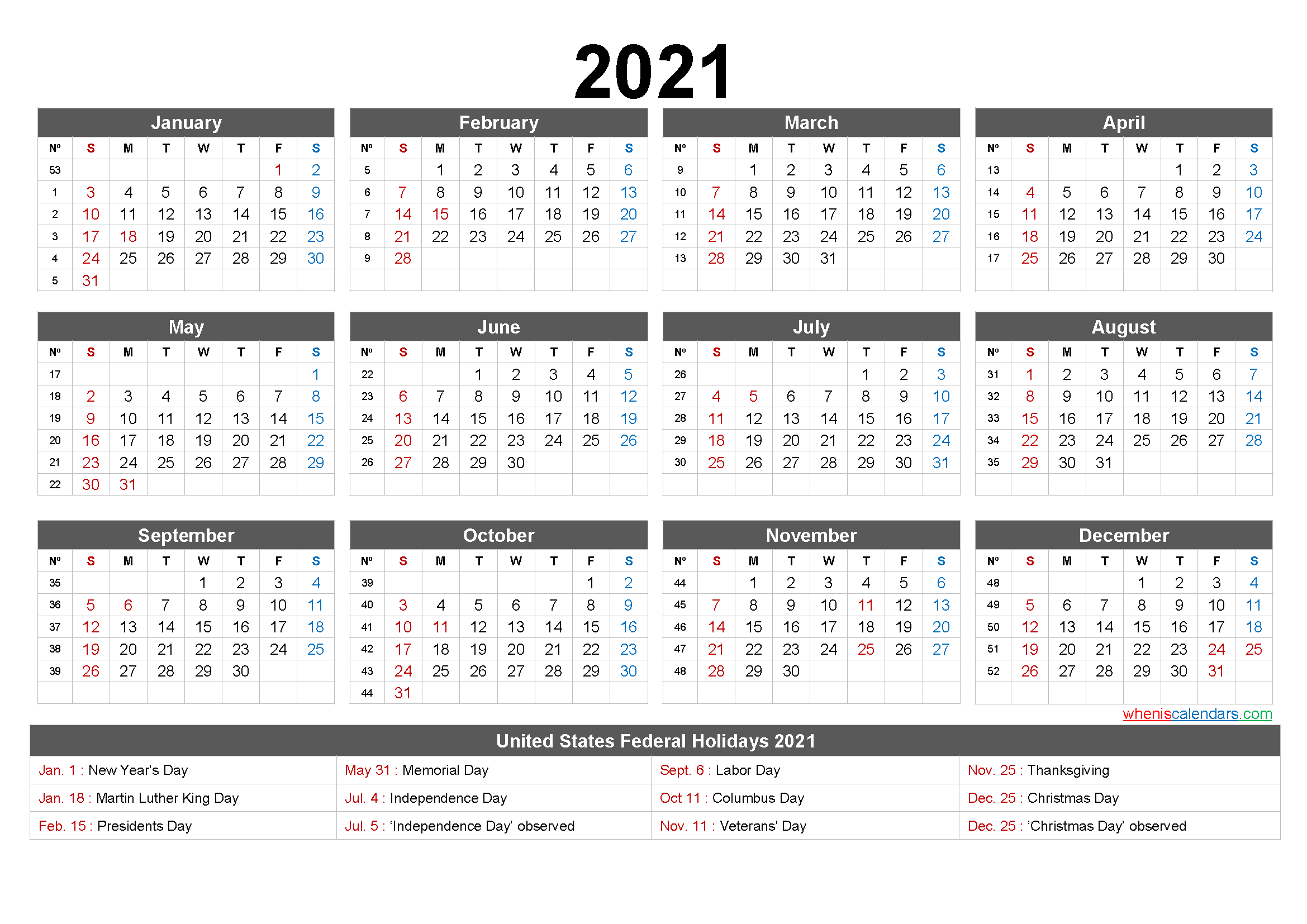 Printable 2021 Calendar with Holidays