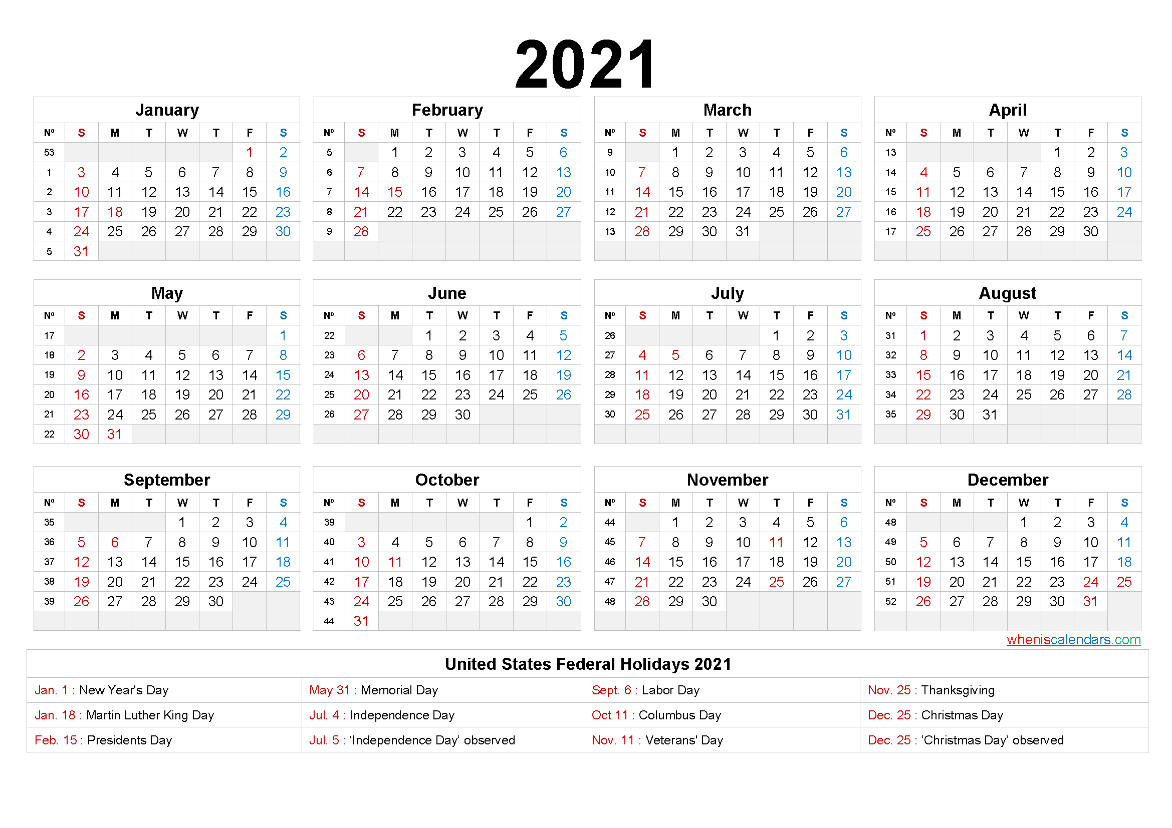 Yearly Calendar Print 2021 Calendar One Page