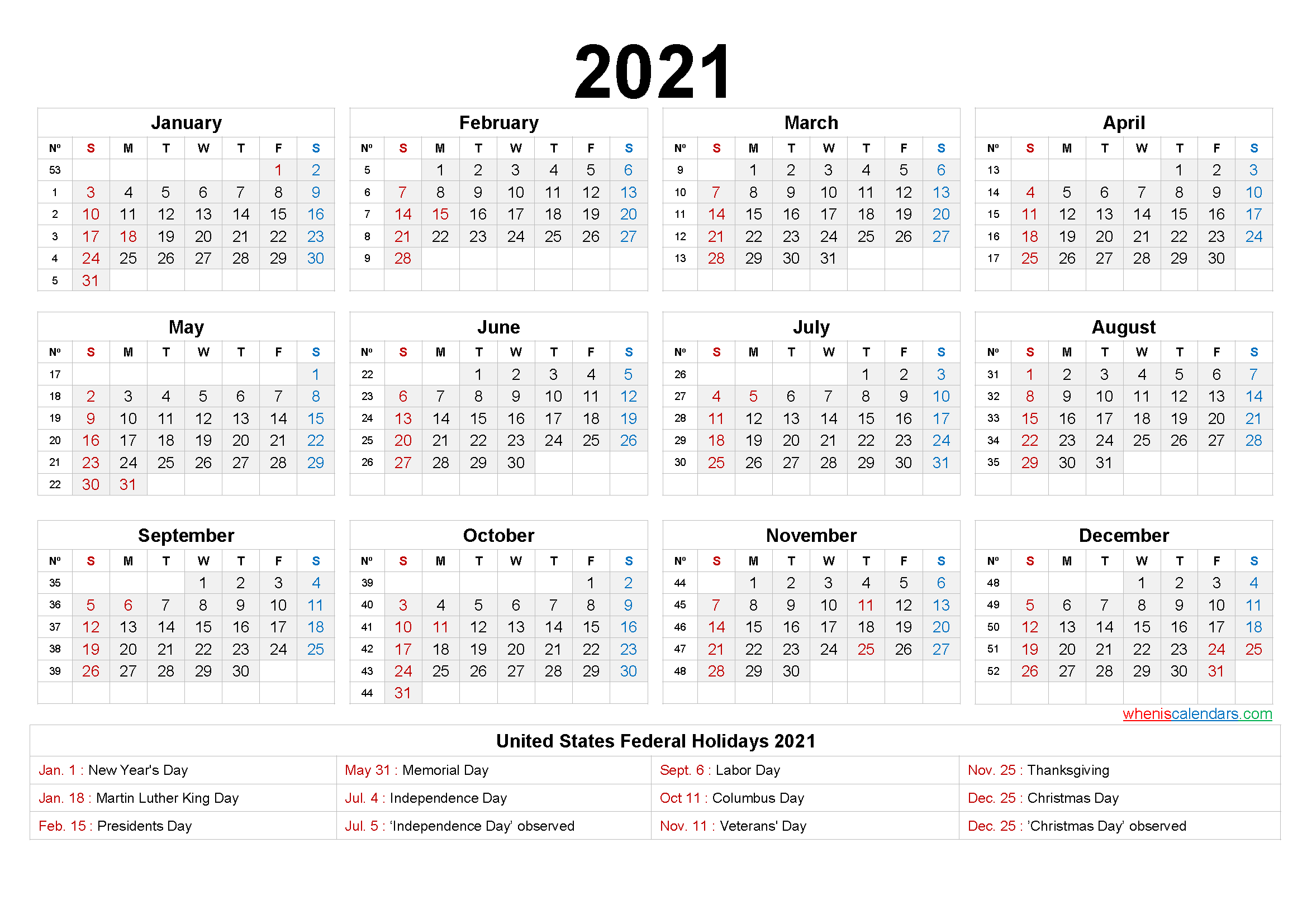 Printable Calendar 2021 Free