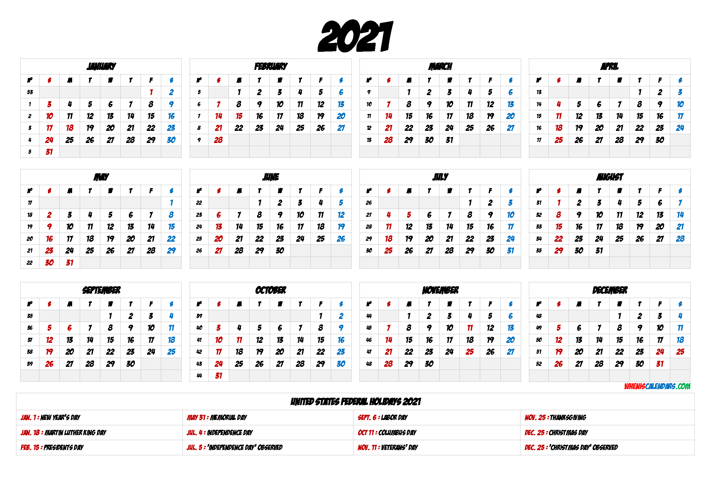 2021 Calendar Printable with Holidays
