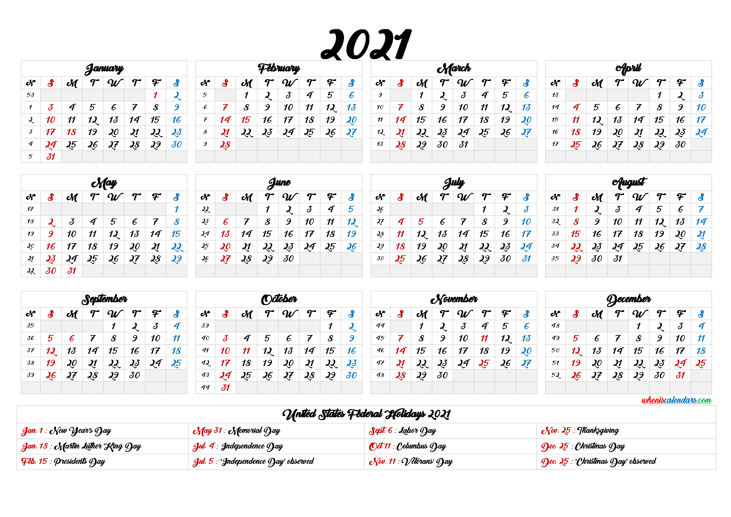 Printable 2021 Calendar One Page 6 Templates Free Printable