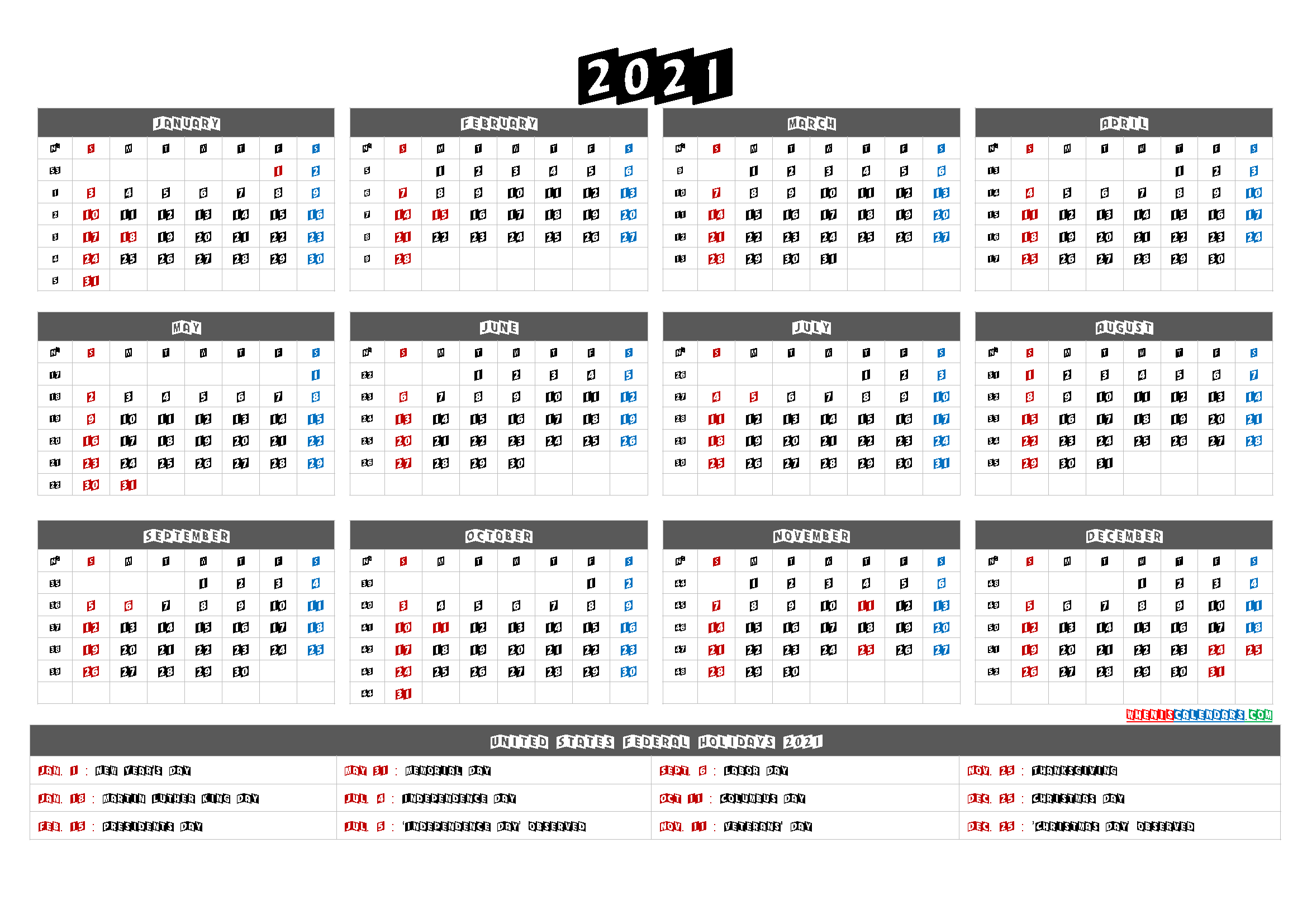 Printable 2021 Calendar with Holidays in U.S.