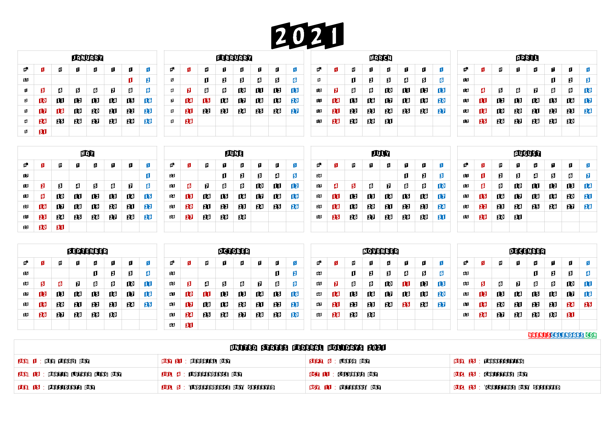 Free Printable 2021 Calendar with Holidays US