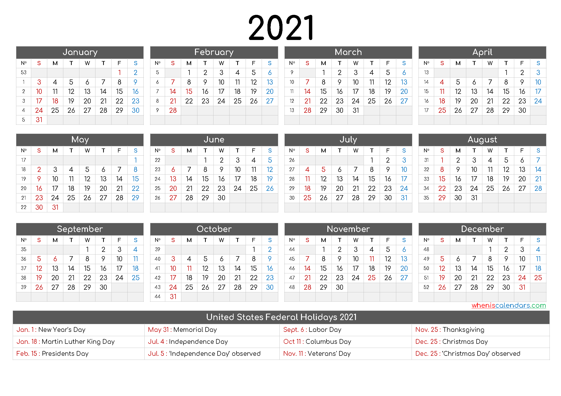 2021 Calendar Printable with Holidays