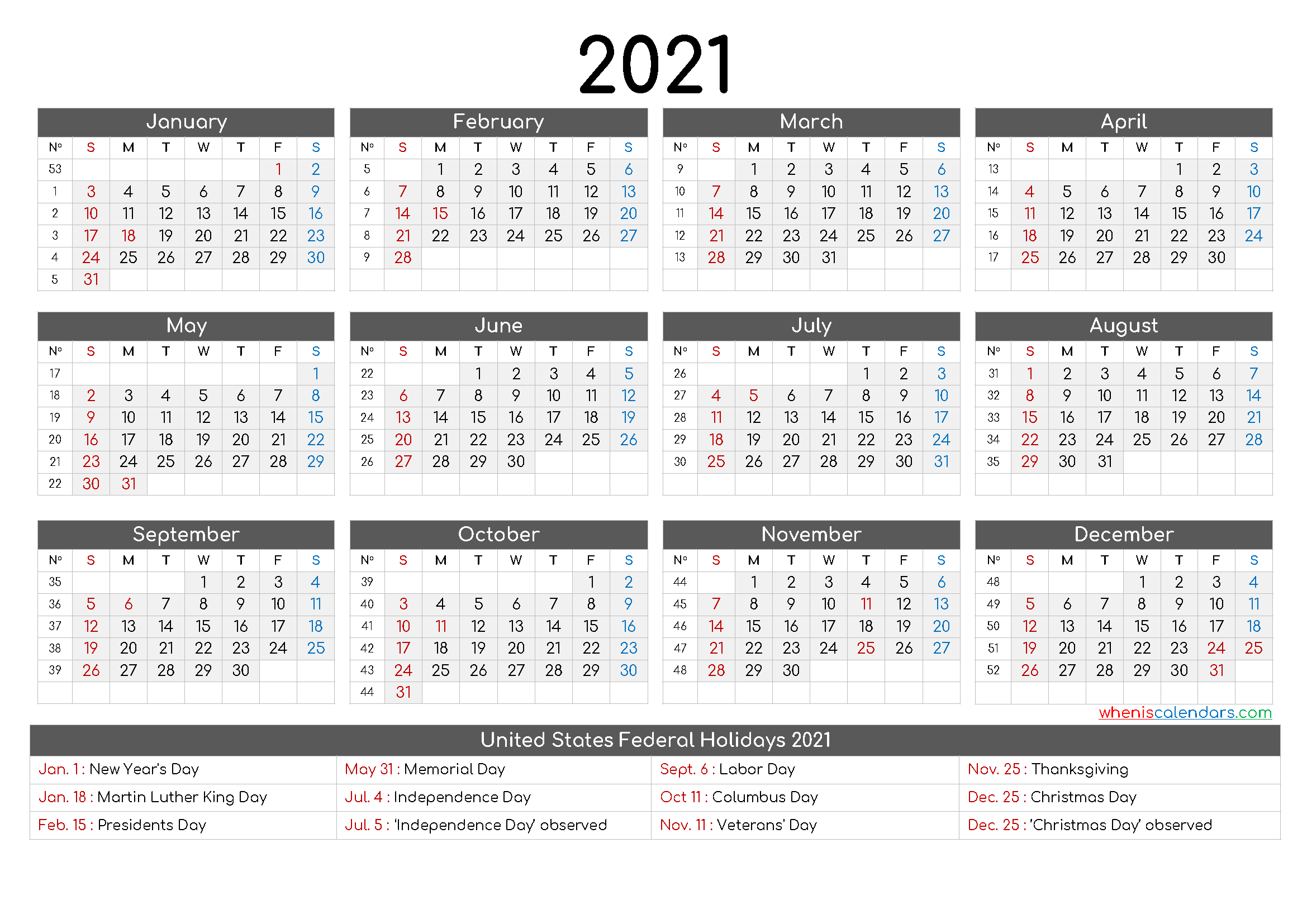 Free 2021 Calendar Printable with Holidays