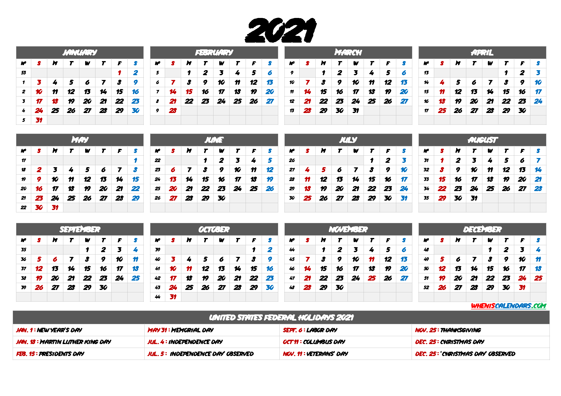 Free Printable Calendar 2021 with Holidays