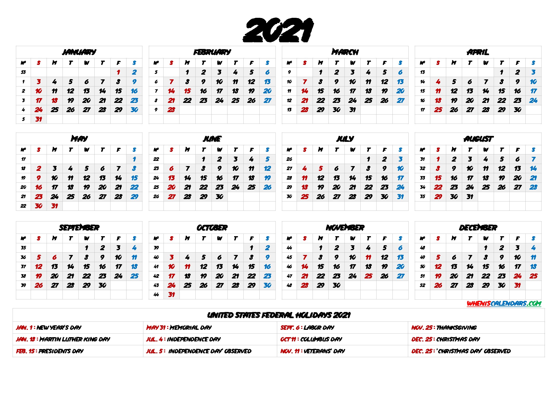 2021 One Page Calendar Printable - 6 Templates - Free ...