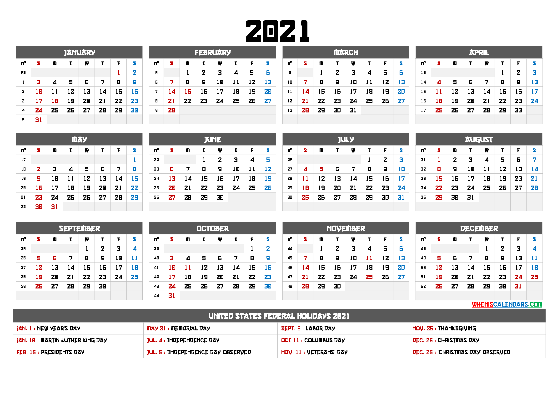 2021 Calendar Printable PDF