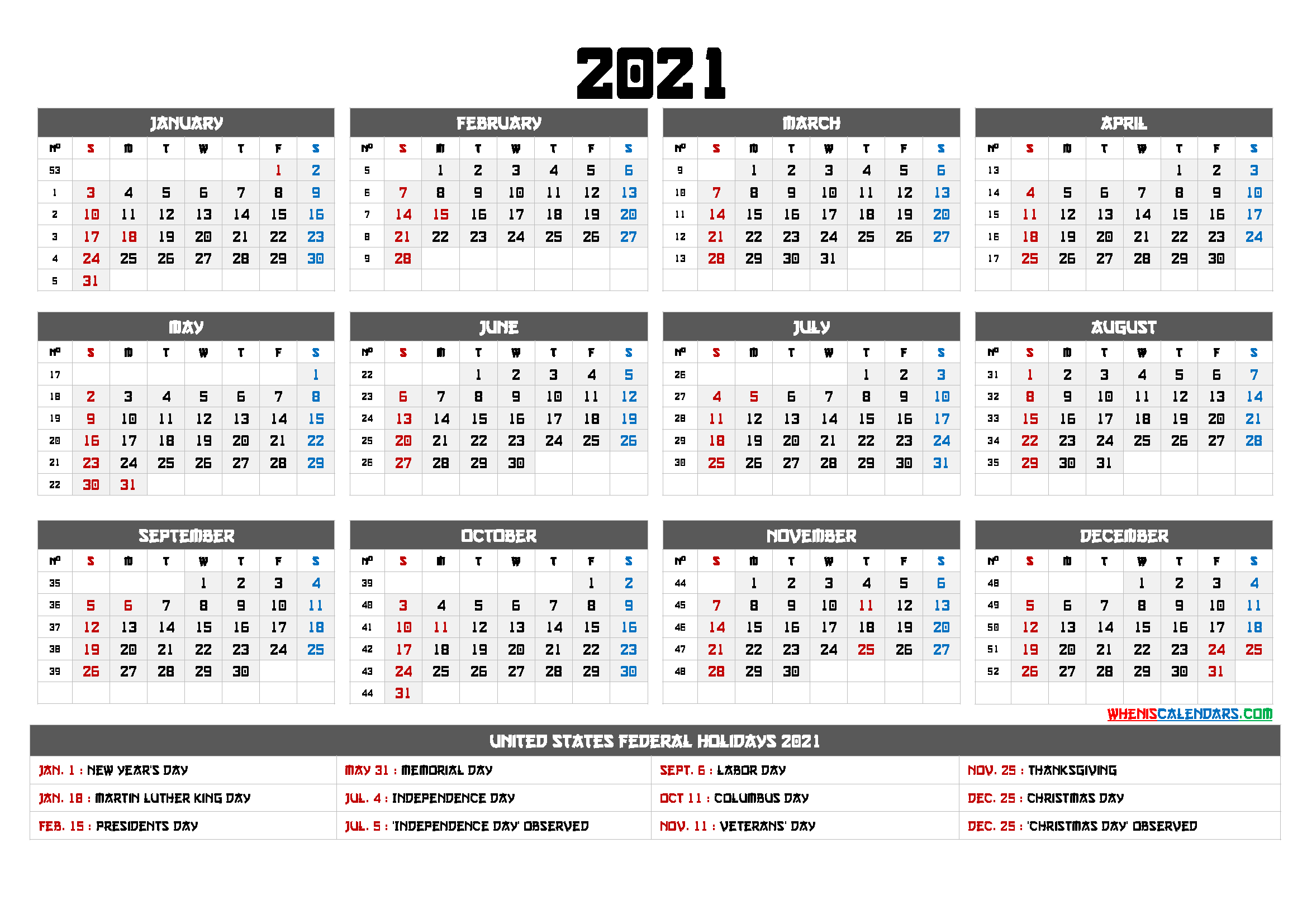Printable 2021 Calendar with Week Numbers