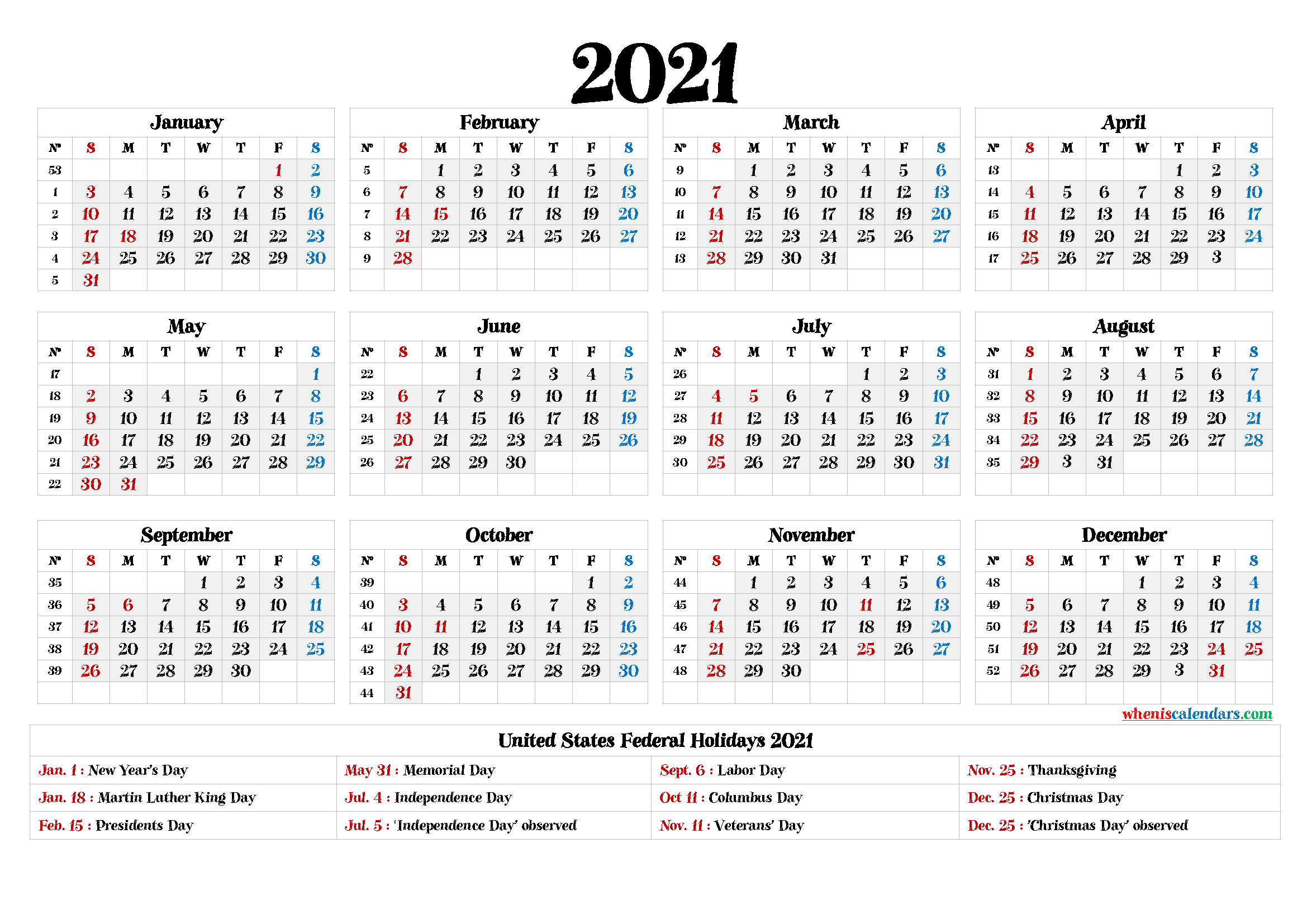 Free Printable 2021 Yearly Calendar with Holidays