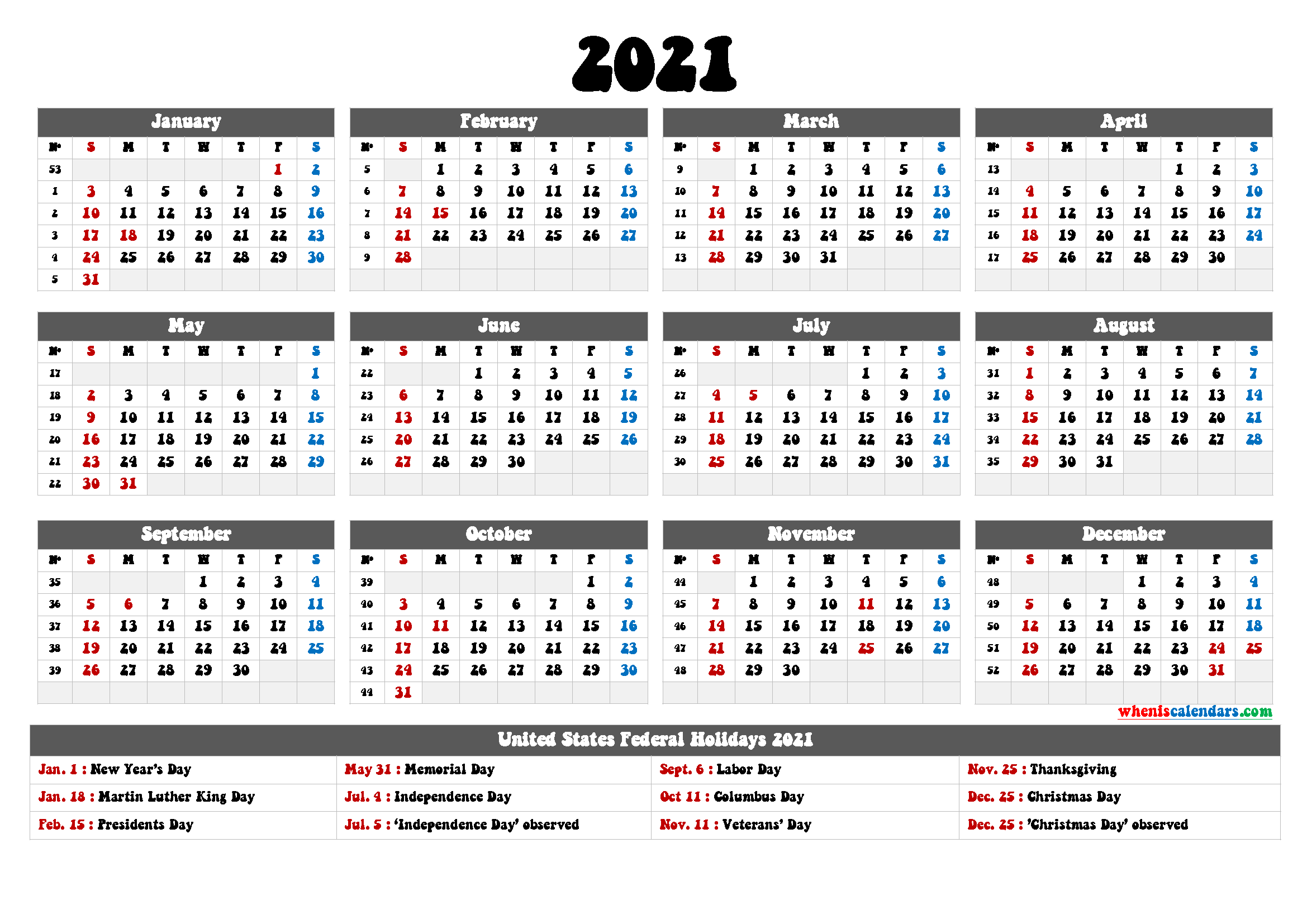 2021 Calendar with Holidays Printable