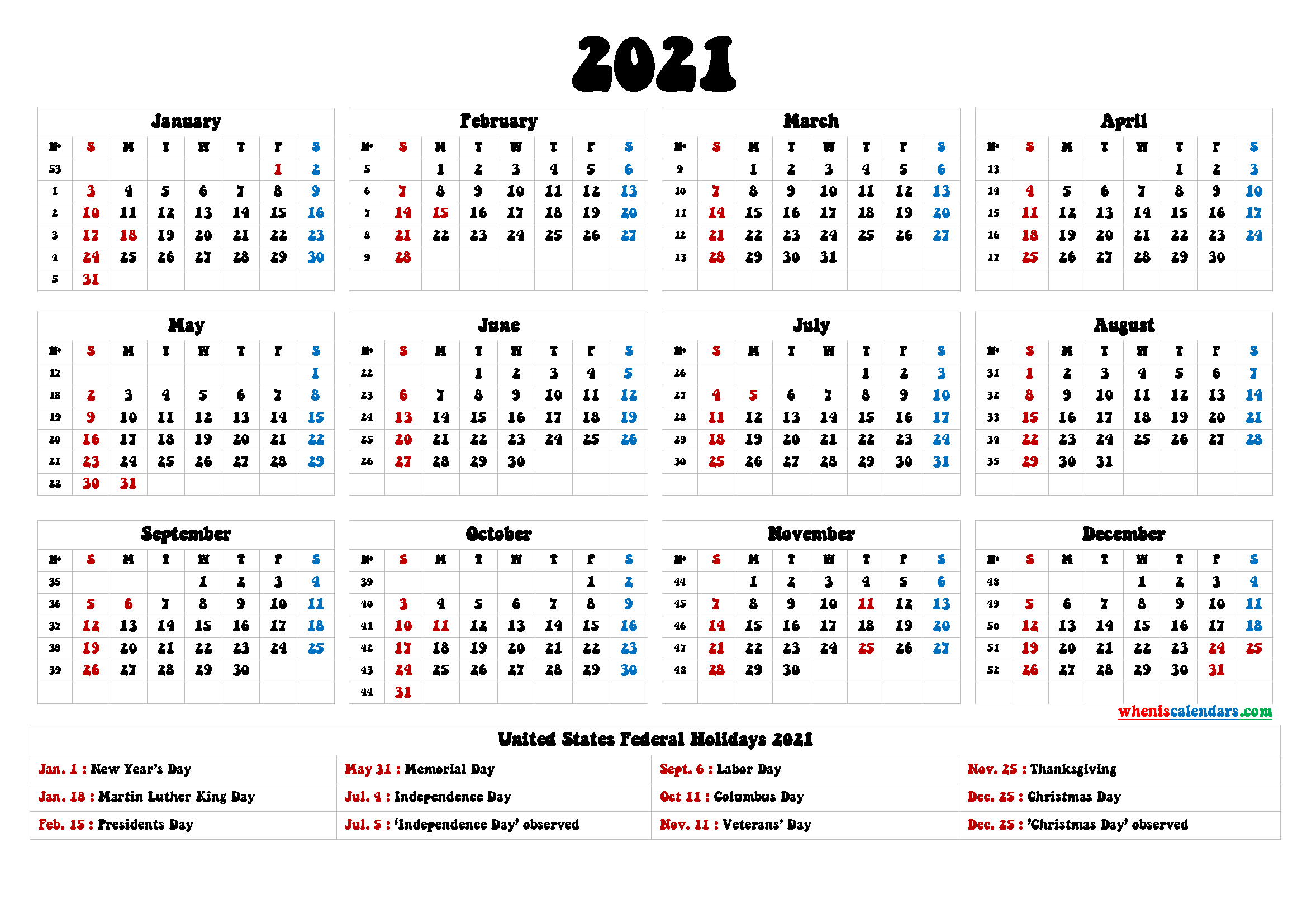 2021 Calendar with Holidays Printable - 6 Templates | Free ...