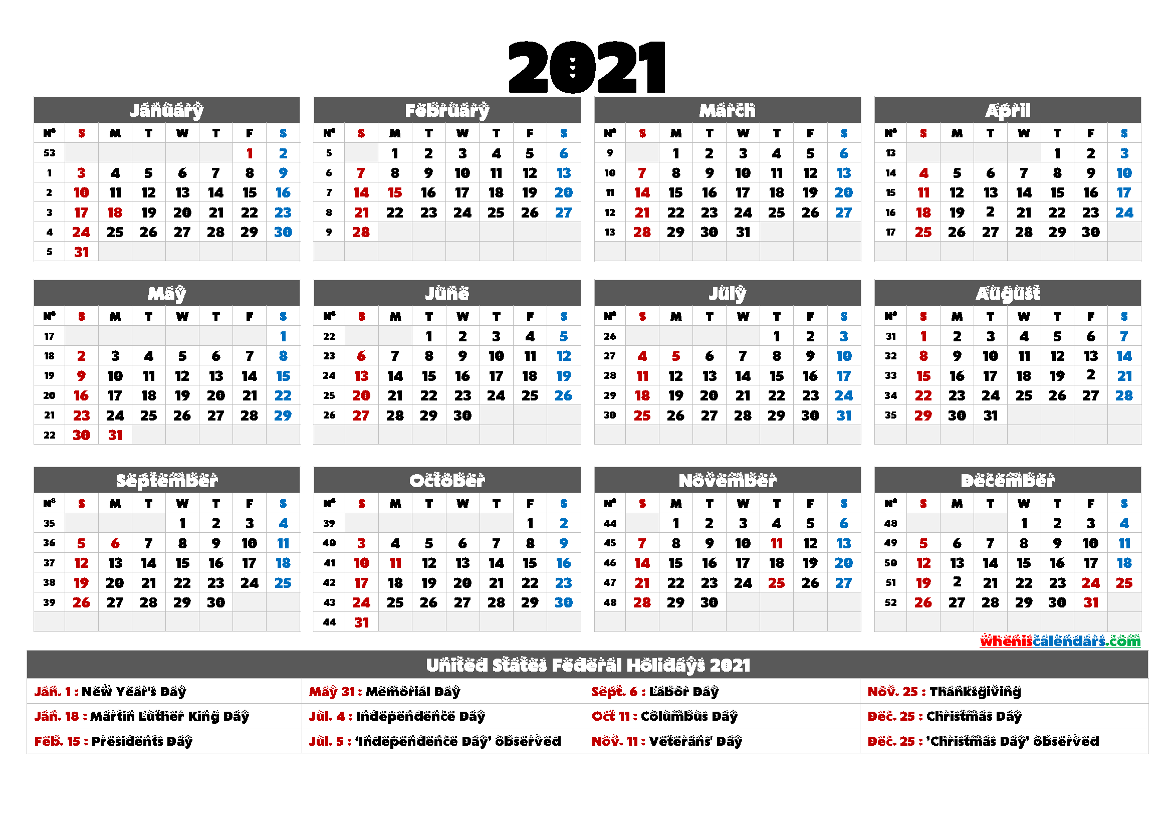 2021 Calendar with Holidays Printable - 6 Templates | Free ...