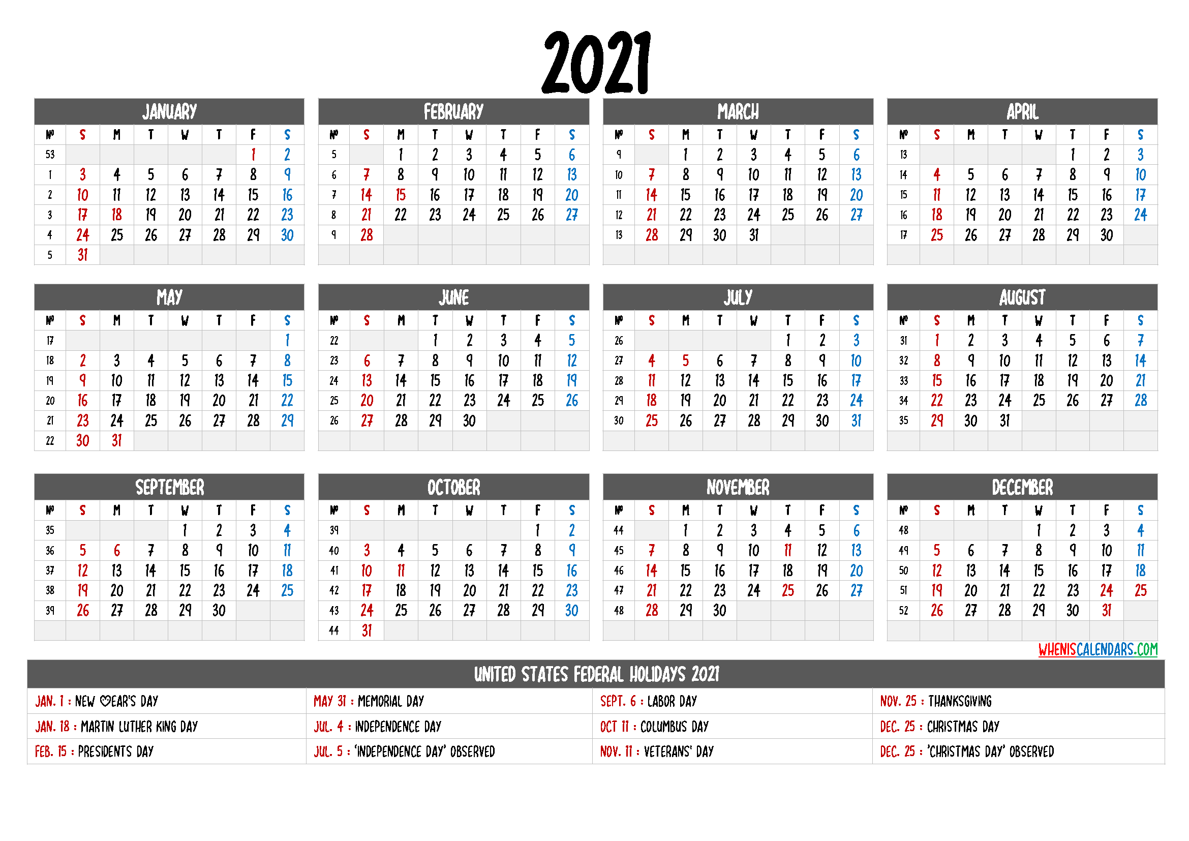 Free 2021 Yearly Calendar Printable